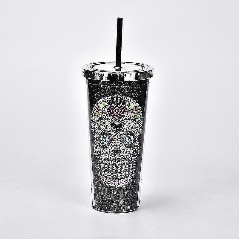 Double-layer Plastic Straw Cup Diamond Creative Skull Water Cup Halloween Large-capacity Drink Cup