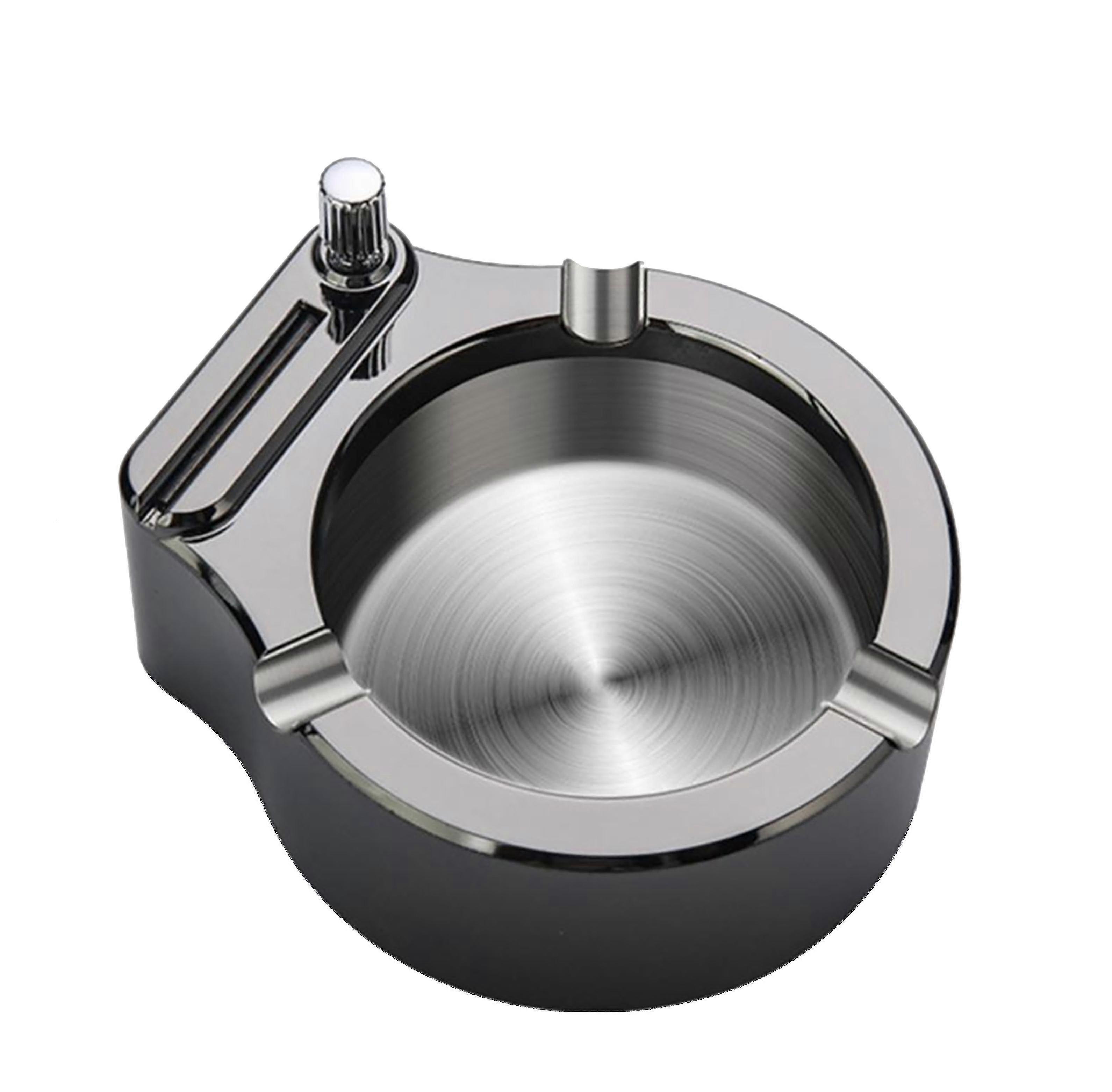 2 In 1 Ashtray With Lighter - Metallic Silver - Ashtray In Stainless Steel With Integrated Lighter And 3 Cigarette Holders 1 Piece