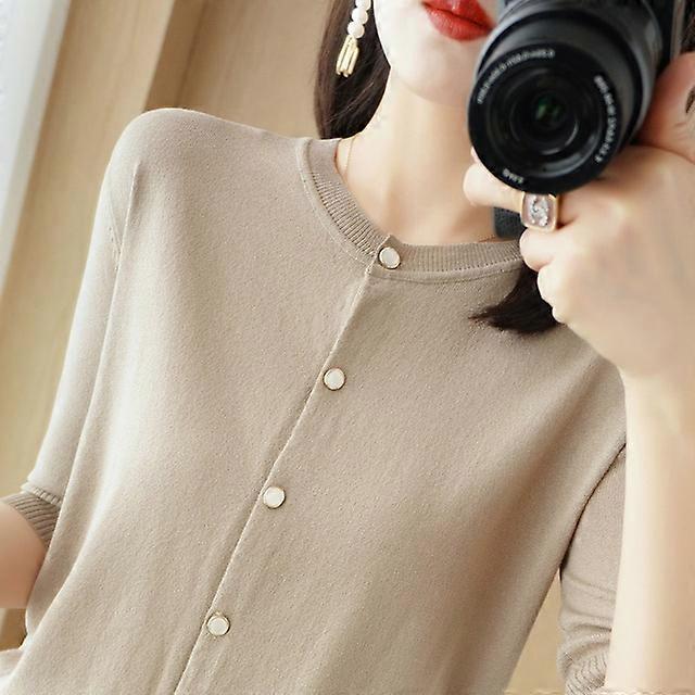 JWL-Summer New Thin Ice Silk Three-Quarter Sleeve Knitted Cardigan  WomenSingle-Breasted Round Neck Shirt Top Short Loose Coat