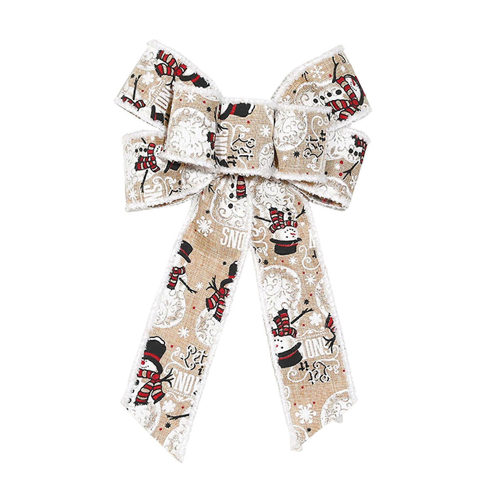 5.3CM khaki base snowman pattern bow single set Christmas bow tree top red imitation hemp handmade color matching iron wire edge woven ribbon bow pend
