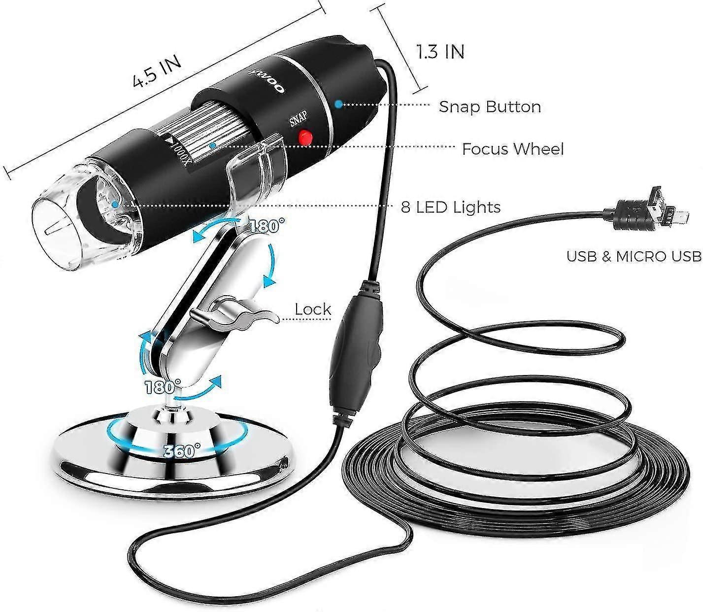 Usb Microscope 8 Led Usb 2.0 Digital Microscope, 40 To 1000x Magnification Endoscope Min