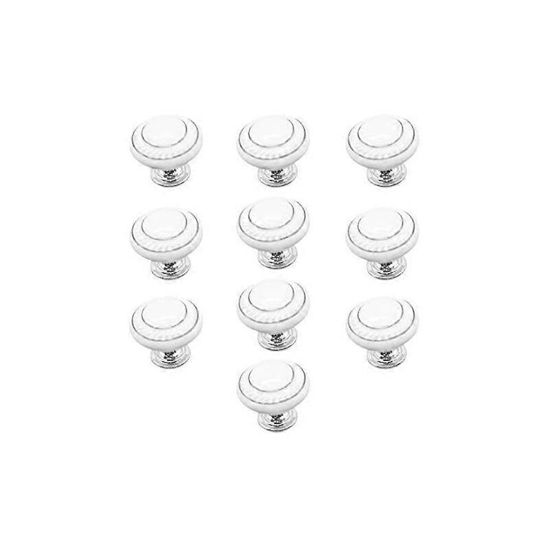 -10 x Drawer Handles and Knobs Drawer Knobs, Ceramic Door Handle, Furniture Knobs (Double Silver Circle - White)