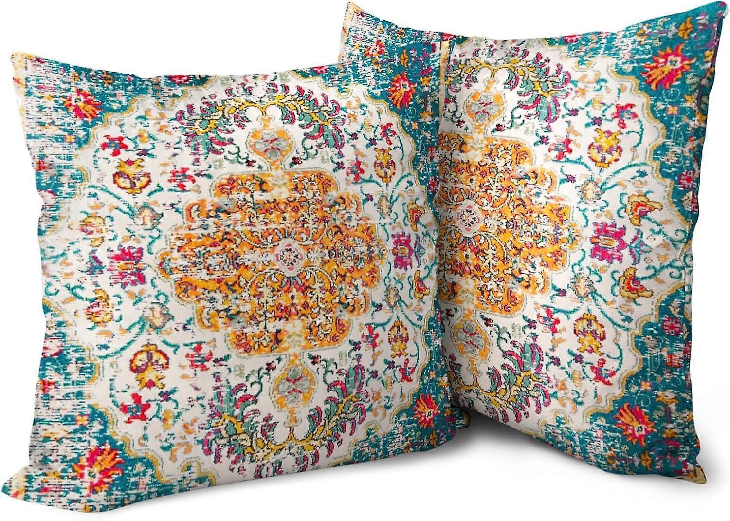 Boho Green Throw Pillow Covers 18x18 inch Set of 2, Rust Coral Floral Persian Carpet Double Sided Pattern Soft Plush Cushion Cover for Couch Sofa Bed