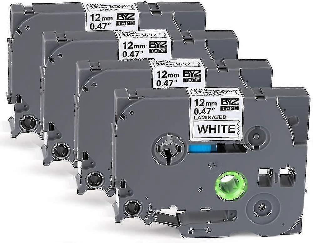 4 × شريط التسمية كاسيت أسود على شريط أبيض تسمية 12mm X 8m، متوافق مع شقيق