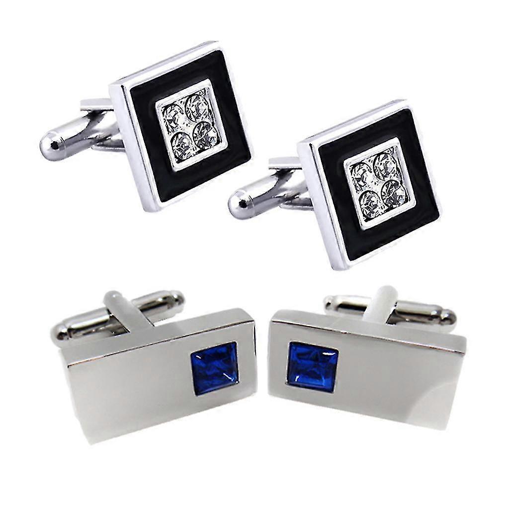 2 Pairs Mens Brass Rectangle Crystal Cufflinks Square Black Cuff Links