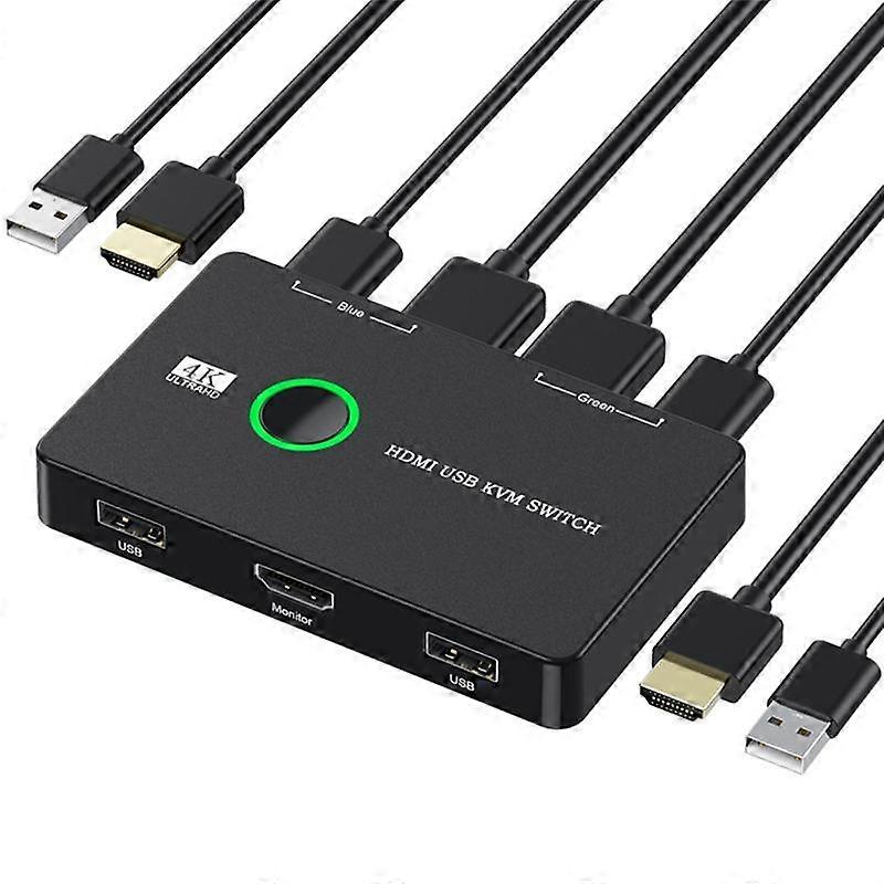 KVM Switch 2 Port Box USB og HDMI-kompatibel bryter for 2 datamaskiner Del tastatur Mus Skriver A