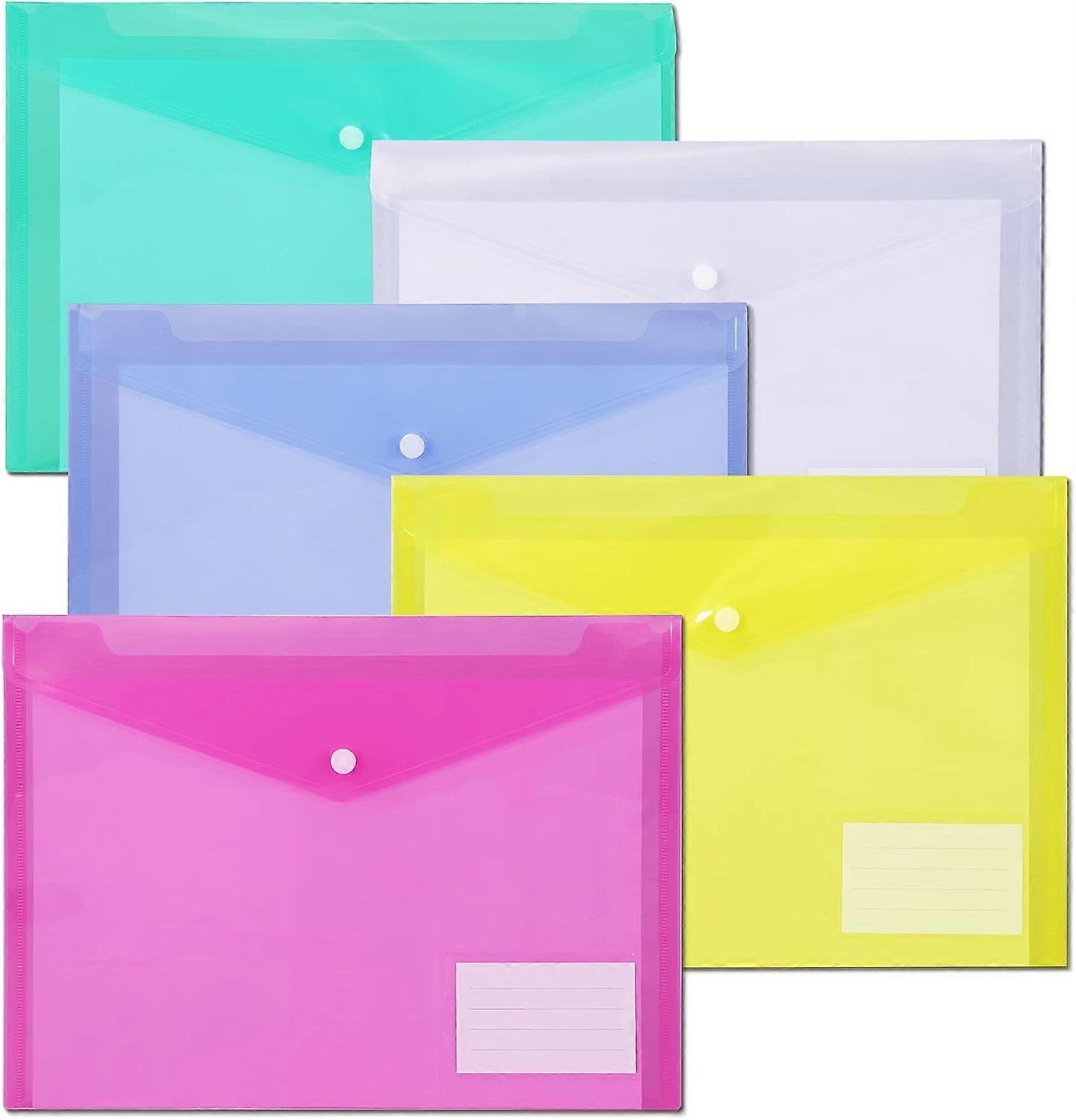 Folder, Plastic Envelope Folder with Snap Button, A4 Size Poly Envelope with Label Pocket, 5 Colors, 10 Pack