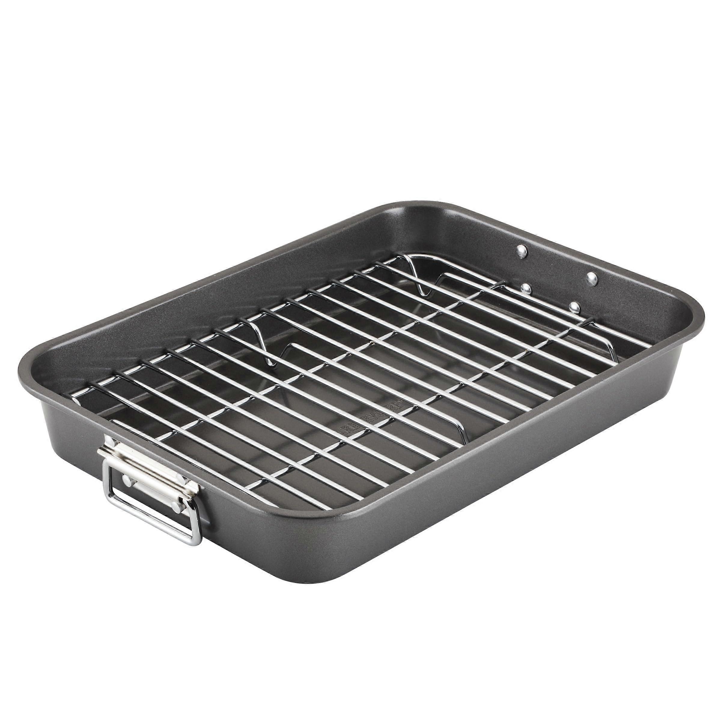 11x15 Inch Nonstick Steel Roaster with Flat Rack for Oven Cooking, Baking, and Broiling