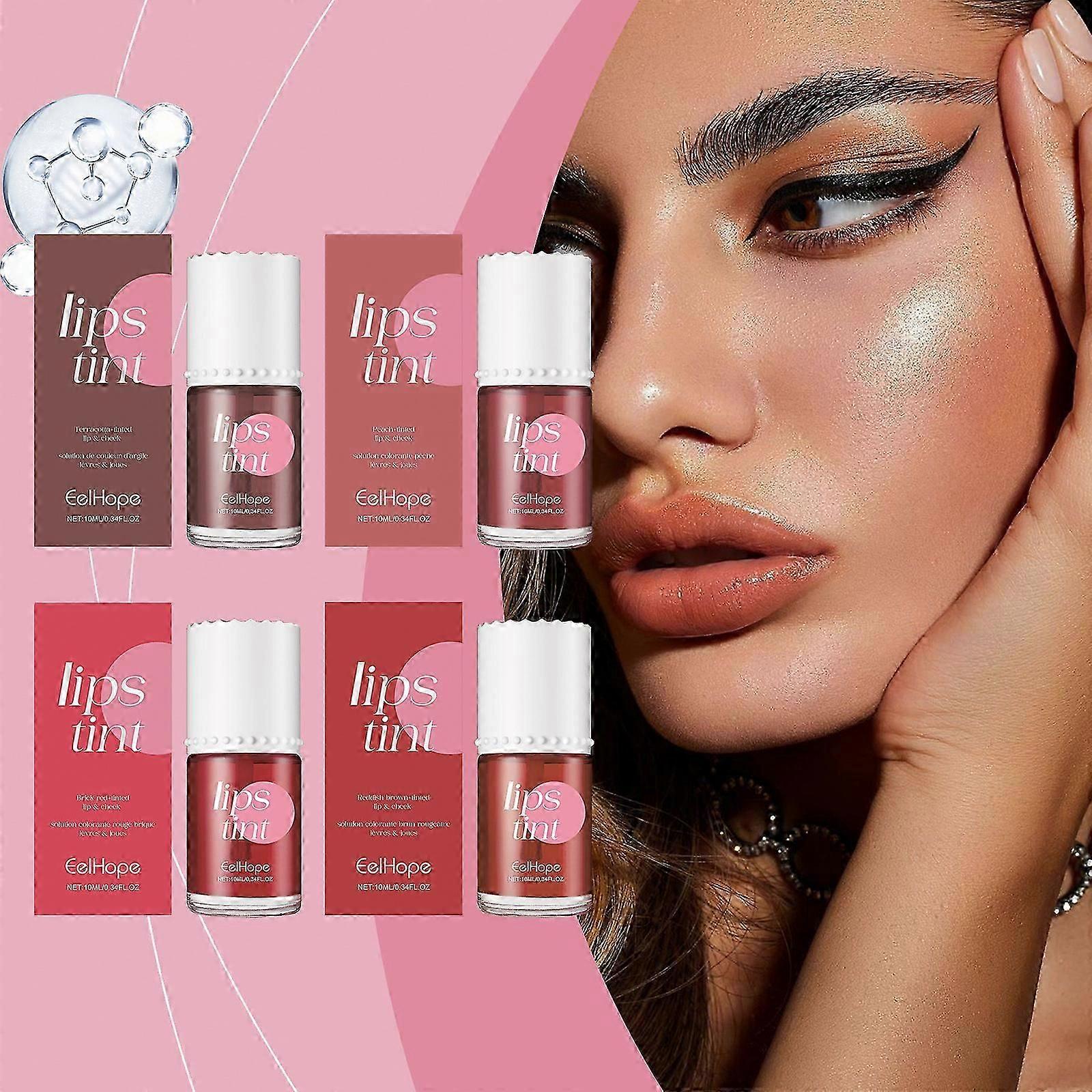 Lip Stain Tint Set, 4PCS Mini Liquid Lipstick, Sheer Hydrating Moisturizing Tinted Lip and Cheek Stain, All Day Wear, Shimmery, Blends