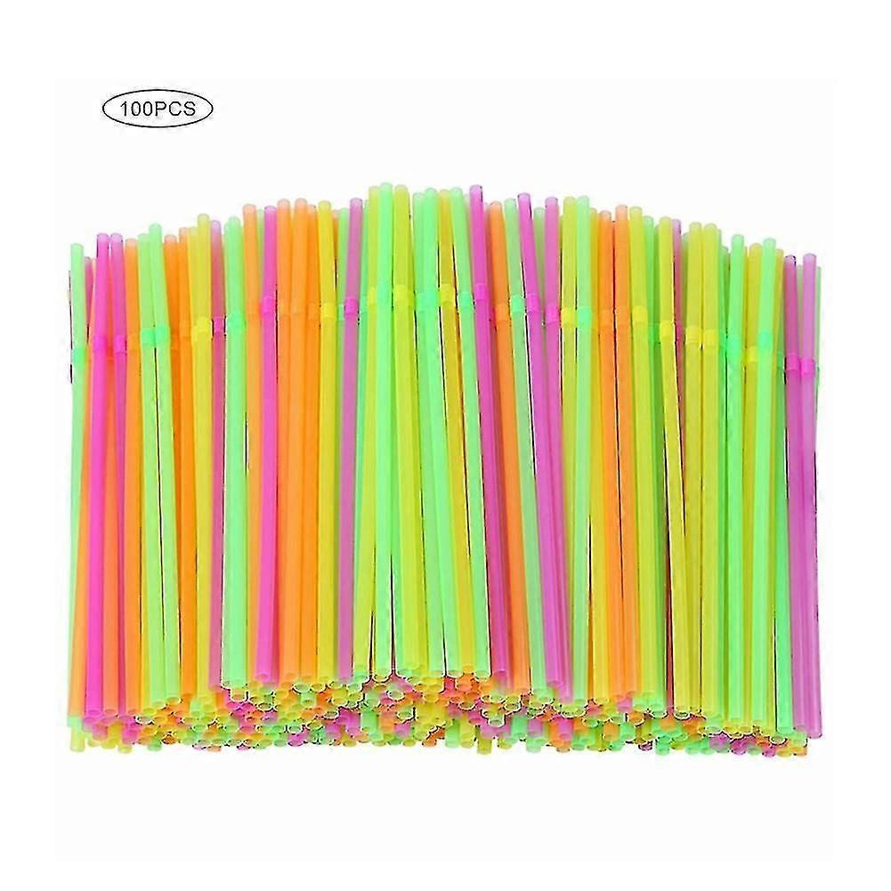 100pcs Fluorescent Plastic Bendable Drinking Straws Disposable Beverage Straws Wedding Decor Mixed Colors