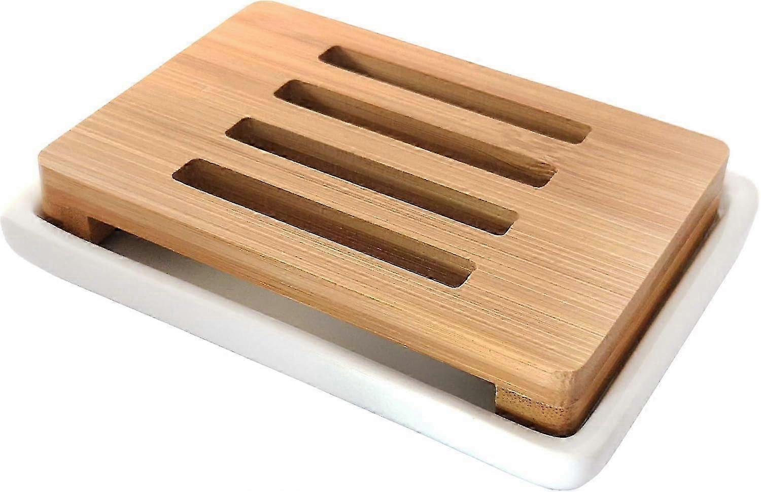 Ceramic Soap Dish Bamboo Soap Dish for Bath and Shower Double Layer Drainage Soap Box