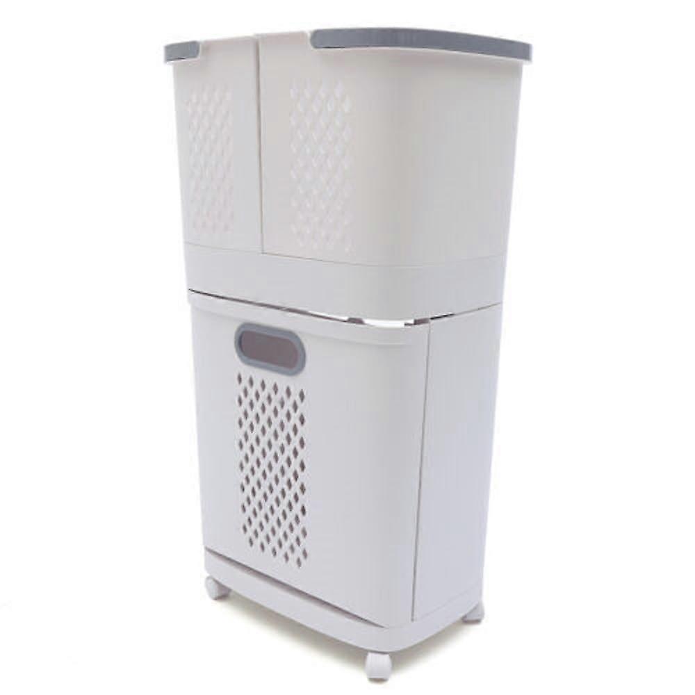 Movable White Laundry Basket With Wheels For Bathroom And Home Use