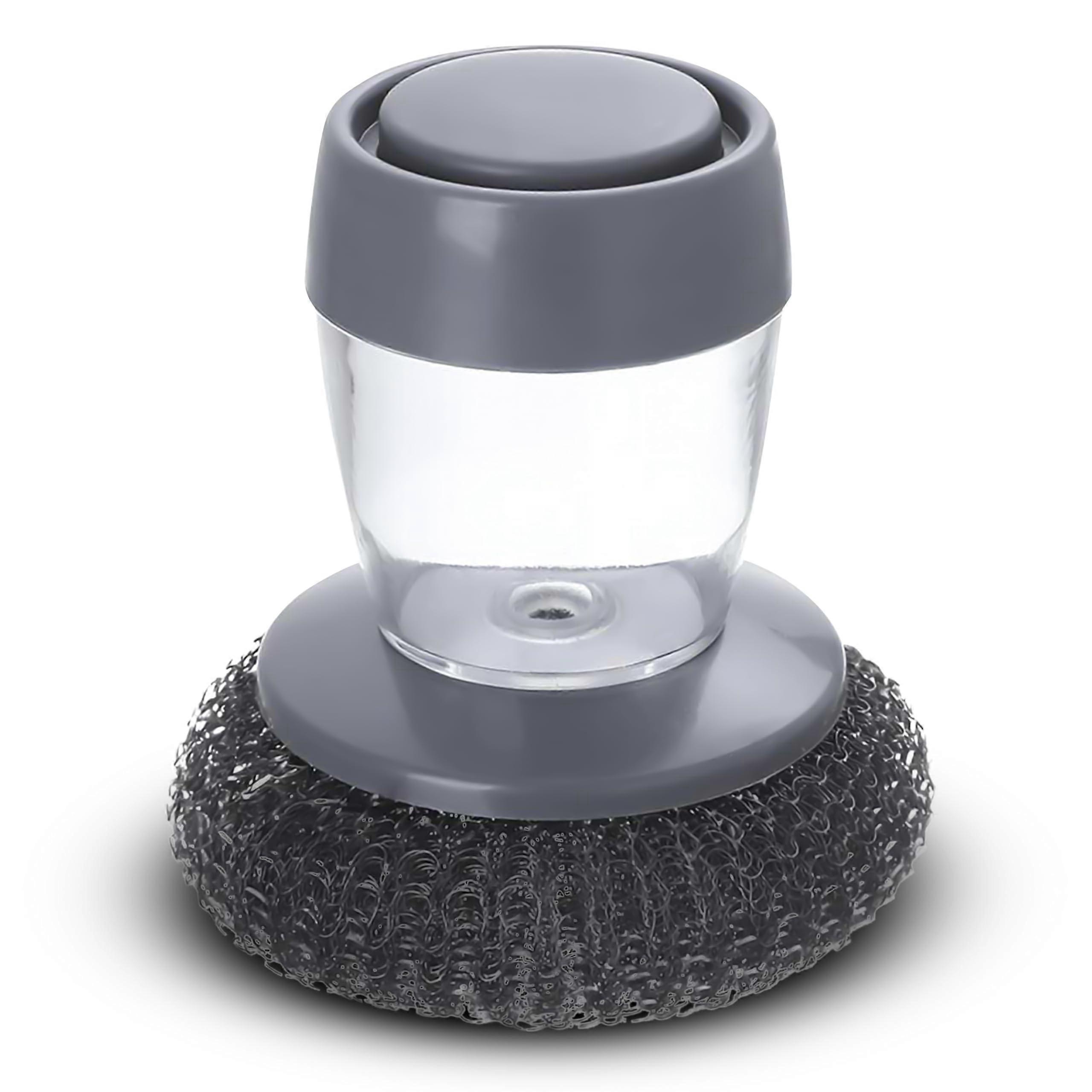 Stainless Steel Scrubber with Soap Dispensing Handle, Heavy Duty Dish and Pot Brush with Replaceable Steel Wool Pad, Gray