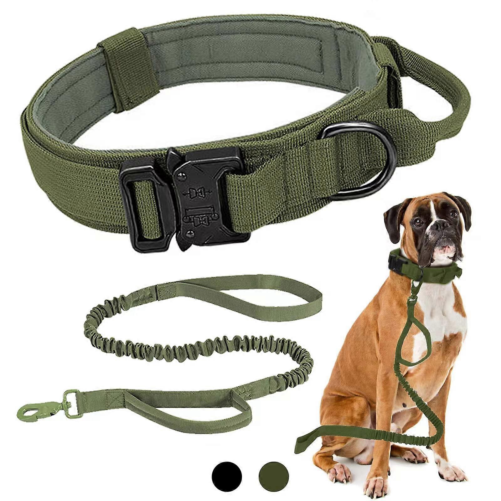 Tactical Dog Collar and Leash Set for Medium Large Dogs, Adjustable Bungee Handle Leash, Military Nylon Material