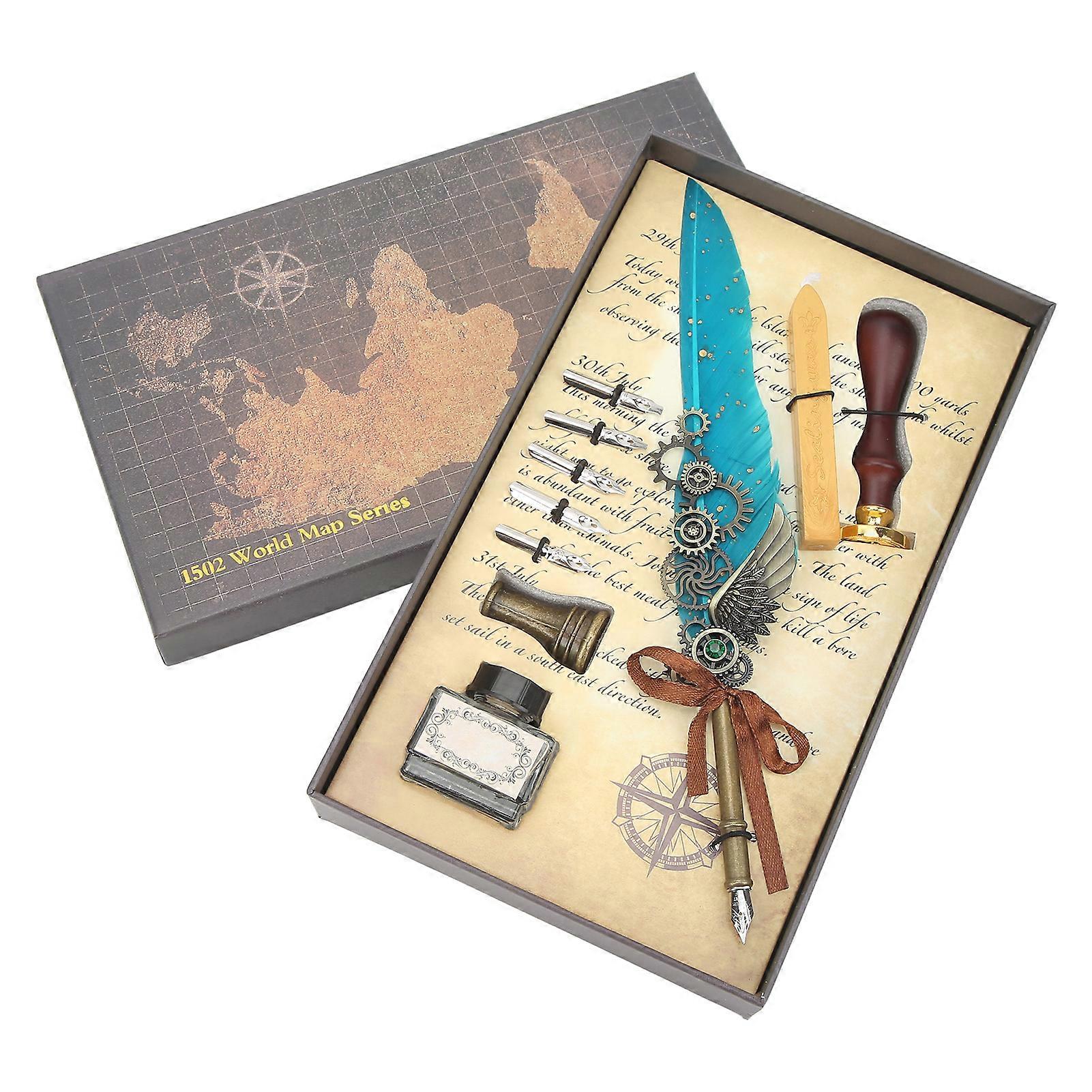 Retro Feather Vintage Map Pattern Quill Set with 5 Replacement Nibs Pen Stand Base Ink Empty Bottle for Writing