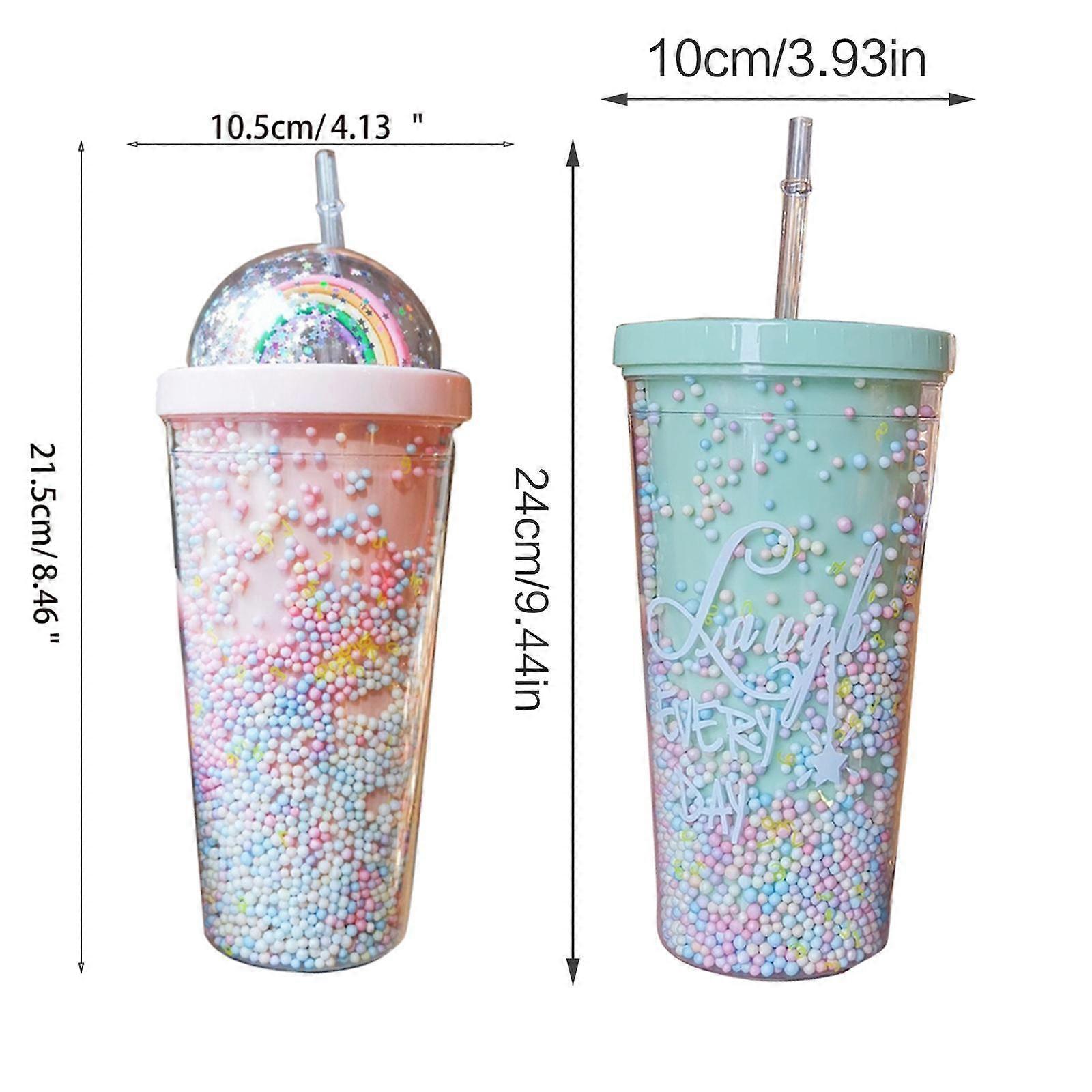 550ml Rainbow Plastic Water Bottle Double Layer Sequins Drinking Cup with Straw Multicolor