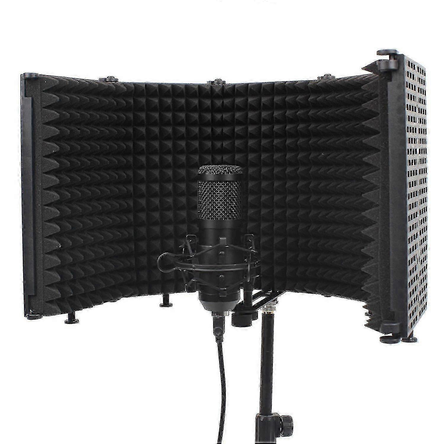 5-Panel Microphone Isolation Shield with Wind Screen for Recording Studios, Foldable Design Featuring High-Density Sound Absorbing Sponge