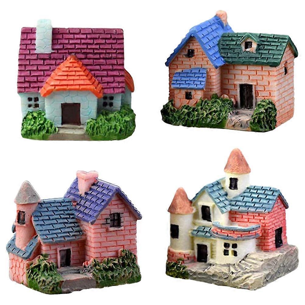 4pcs Tiny House Ornament, Portable Micro Landscape Garden Decor, Resin Village House Figurines for Plant Pot and Home Desktop Decoration