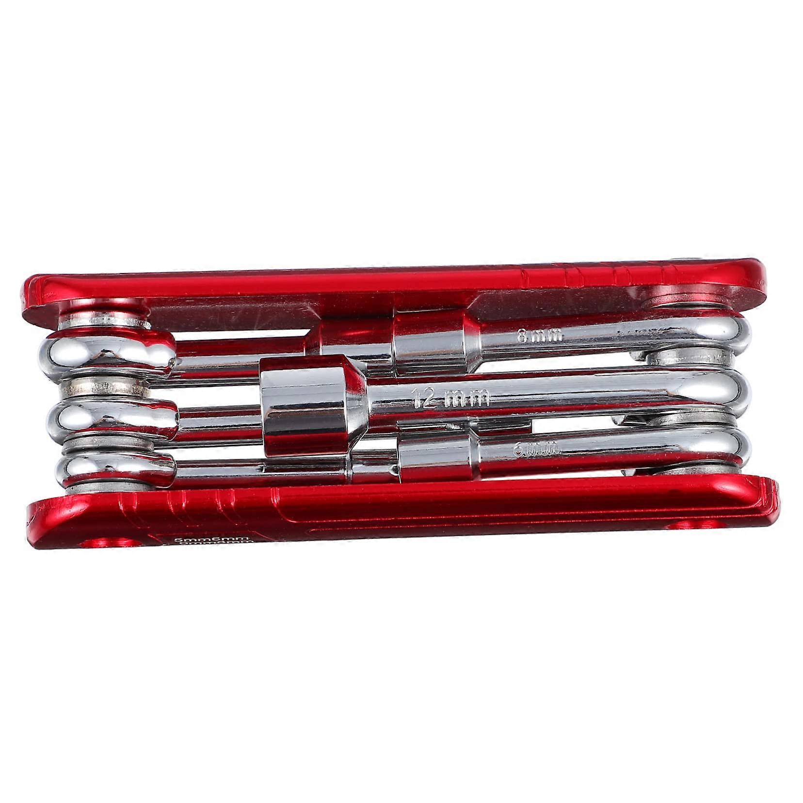 Folding Socket Wrench Set 6-in-1 Adjustable Ratchet Sockets Aluminium Alloy Red Bicycle Repair Tool