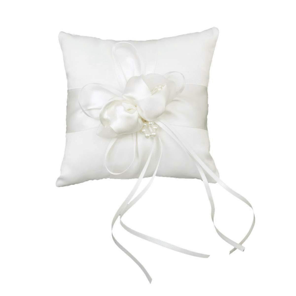 Wedding Ring Bearer Cushion with Beautiful Flower Buds and Faux Pearls, White 20x20 cm Bridal Ring Pillow for Weddings