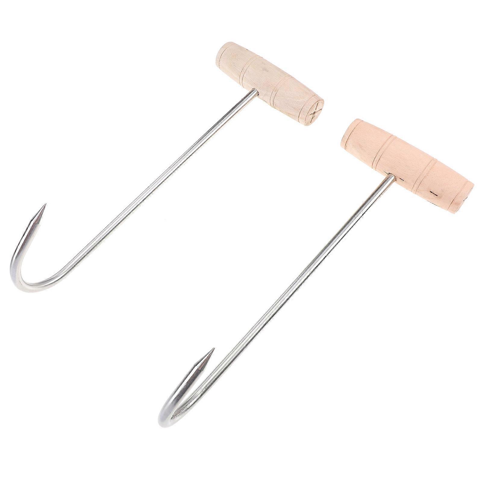 Stainless Steel Meat Hooks with Wood Handle for Storage Use 2 Pcs T Shaped Hook 7.87 Inches