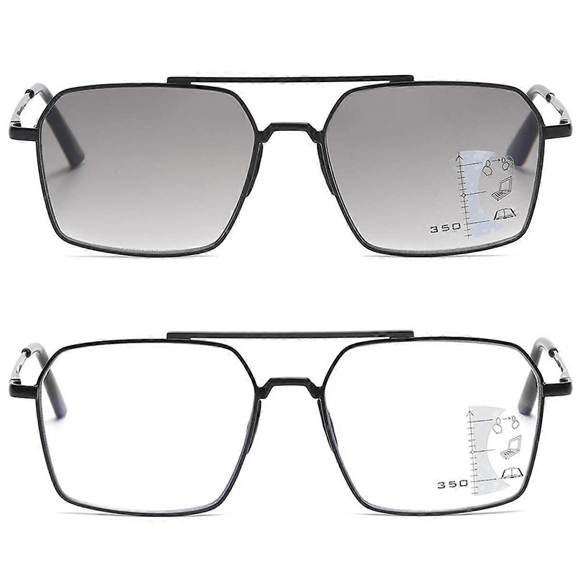 Fashion Progressive Reading Glasses for Men, Multi-Focus, Anti-Blue Light, Metal Pilot Frame, Spring Hinge, 3.0x, Set of 2 Colors