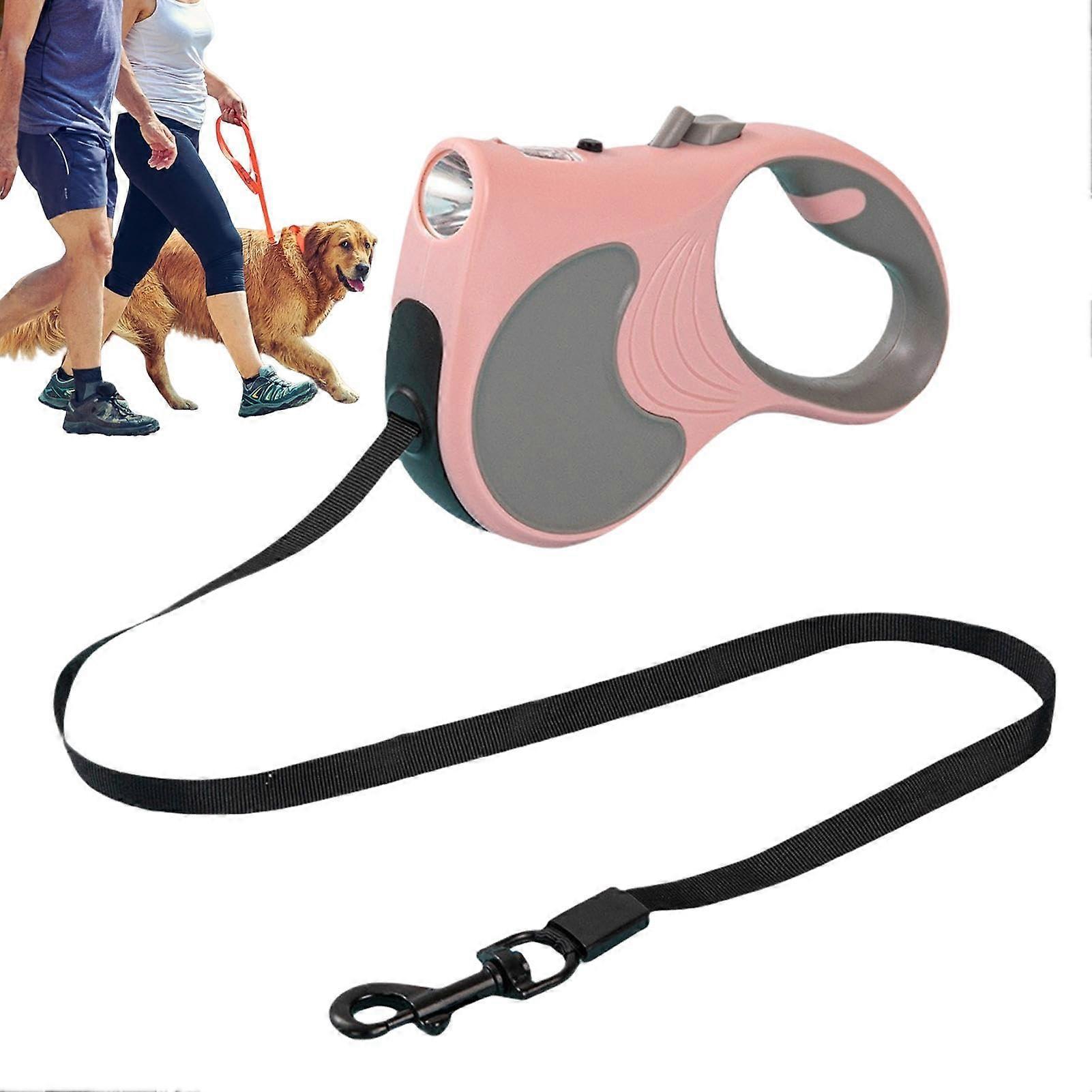 Retractable dog leash with LED light, nonslip grip, 4.6m, button brake, pink