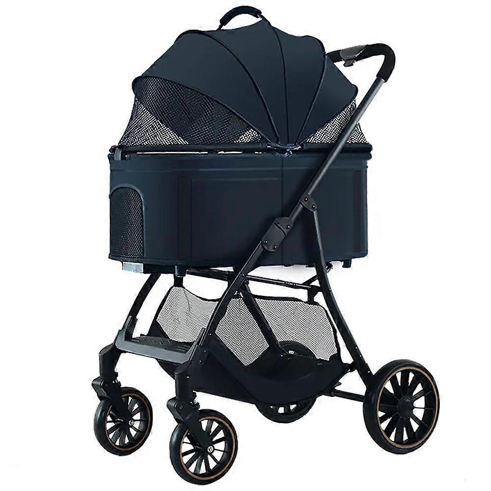 Doublelayer pet stroller, foldable, for small and mediumsized dogs and cats, ventilated black.