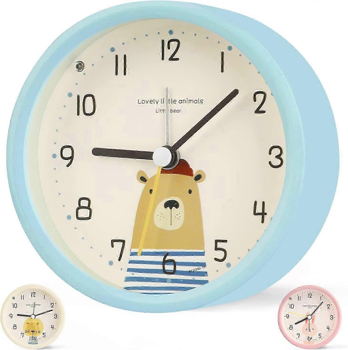 Children's Alarm Clock Analog Boy Girl Silent Battery Powered Table Clocks No Ticking Bedside Light(Blue)
