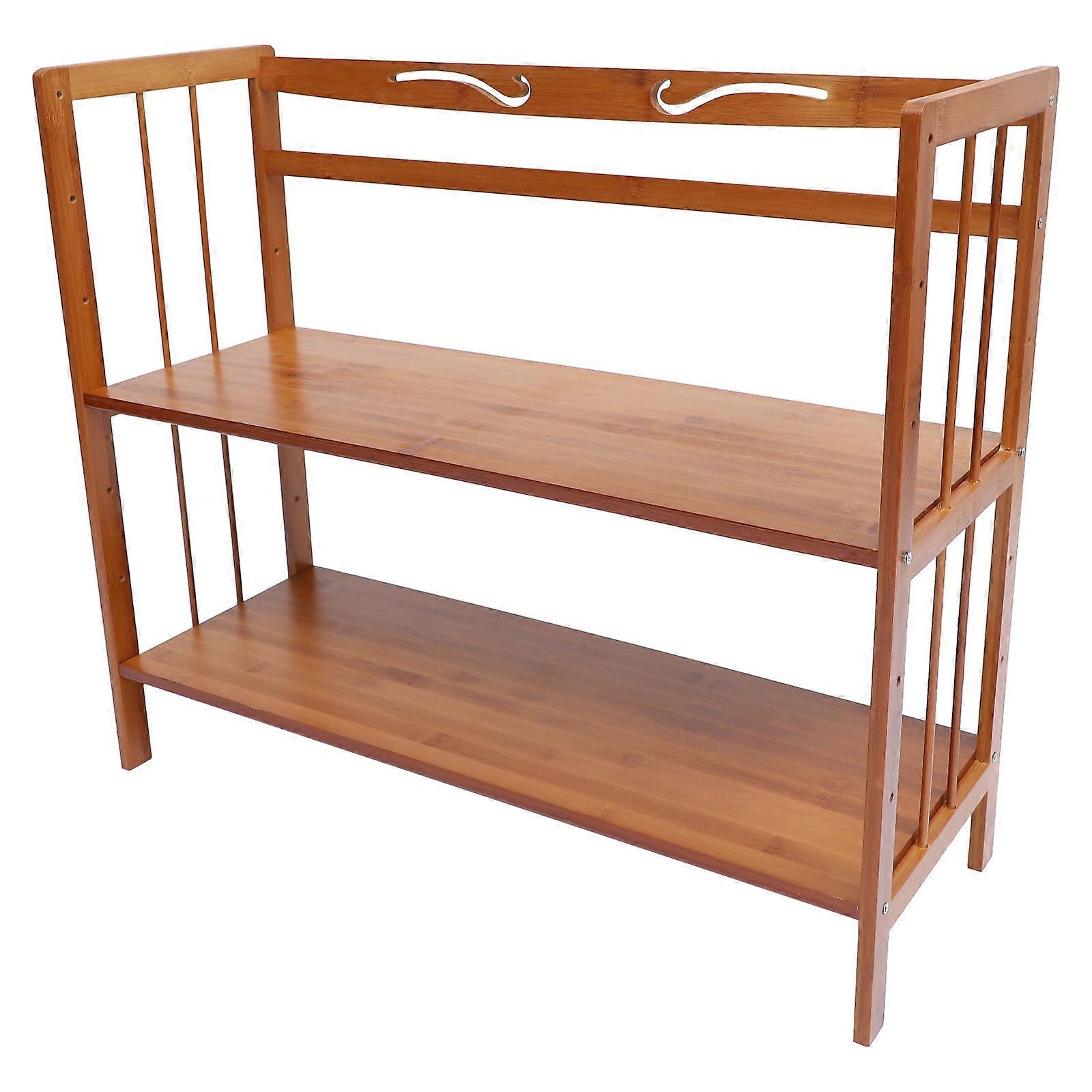 Book Organizer Two Layer Storage Rack Simple Design Home Use Brown Bamboo 1Pc