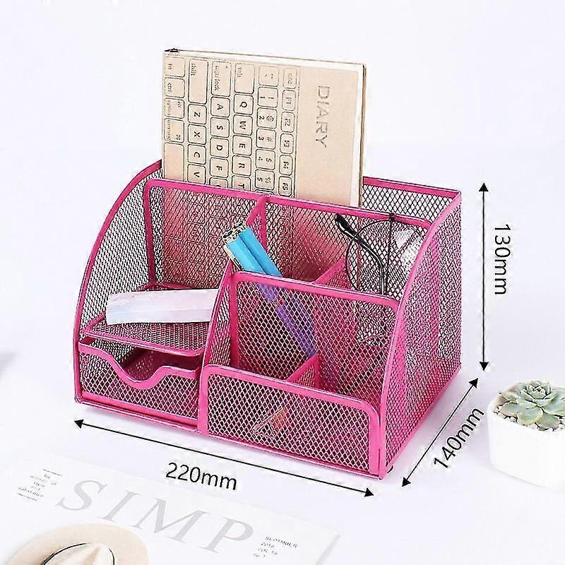 Wire Mesh Desk Organizer with Drawer & Pen Holder, 6 Compartments, Pink Office Storage
