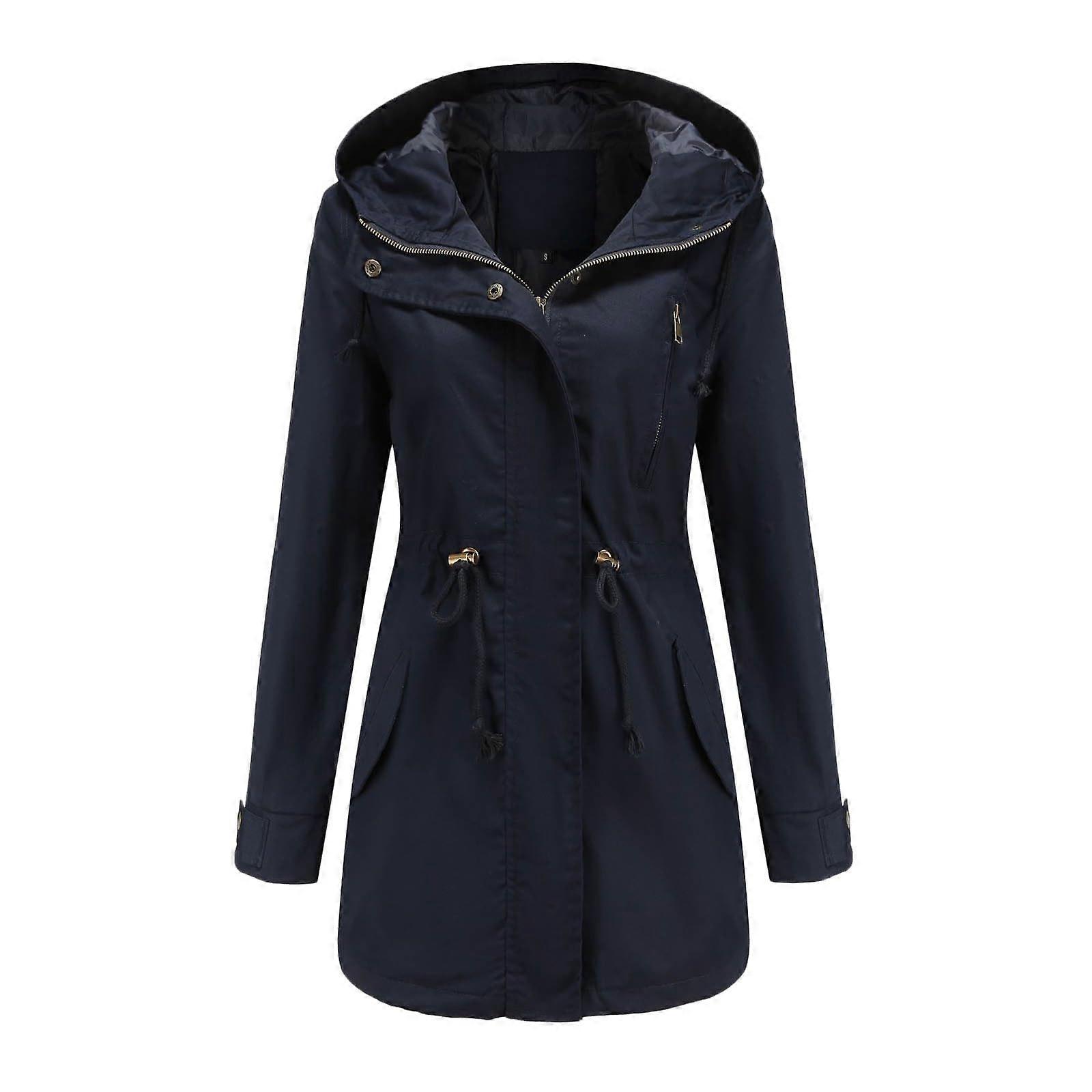 Women's Winter Jacket Transitional Windbreaker Hooded Lightweight Solid Color Drawstring XL Navy