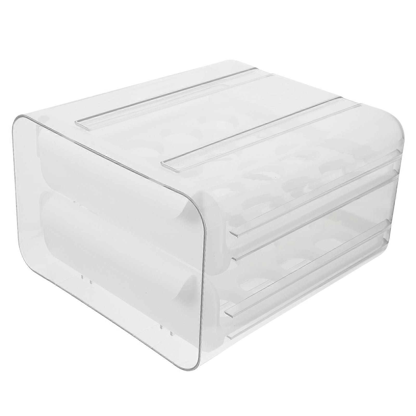 White Plastic Egg Storage Box with 32 Compartments for Secure and Spacesaving Organization in Fridge or Cabinet