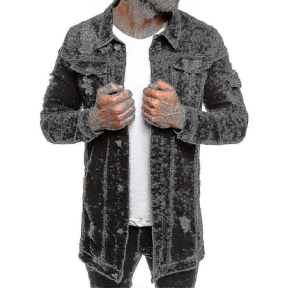 Men Long Denim Jacket Long Eeve Distressed Outerwear Shacket With Pockets