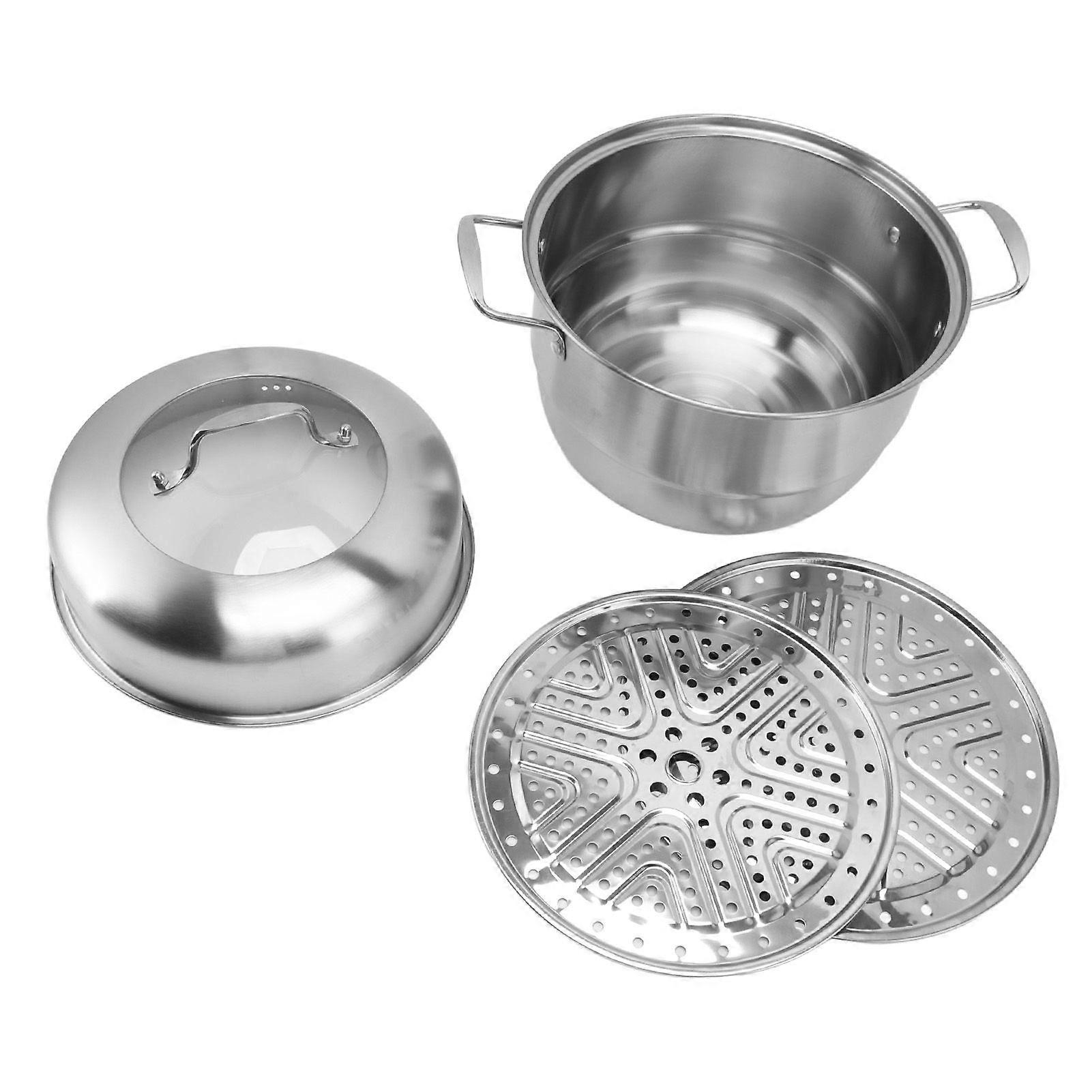 Stainless Steel Steamer Pot with Handles on Both Sides, Thickened Multi-Layer Steamer Pot, Steaming Pot with 2-Tier Tempered Glass Lid