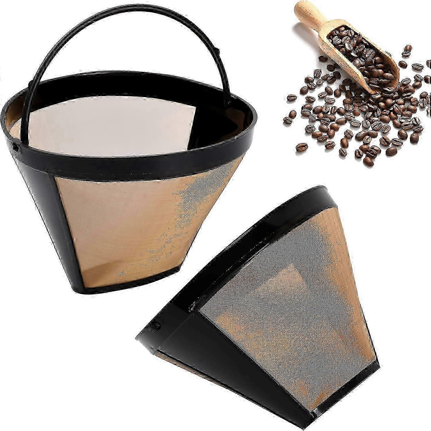 2PCS Reusable Gold Stainless Steel Coffee Filters with Handle - Universal Washable Mesh for Most Coffee Makers