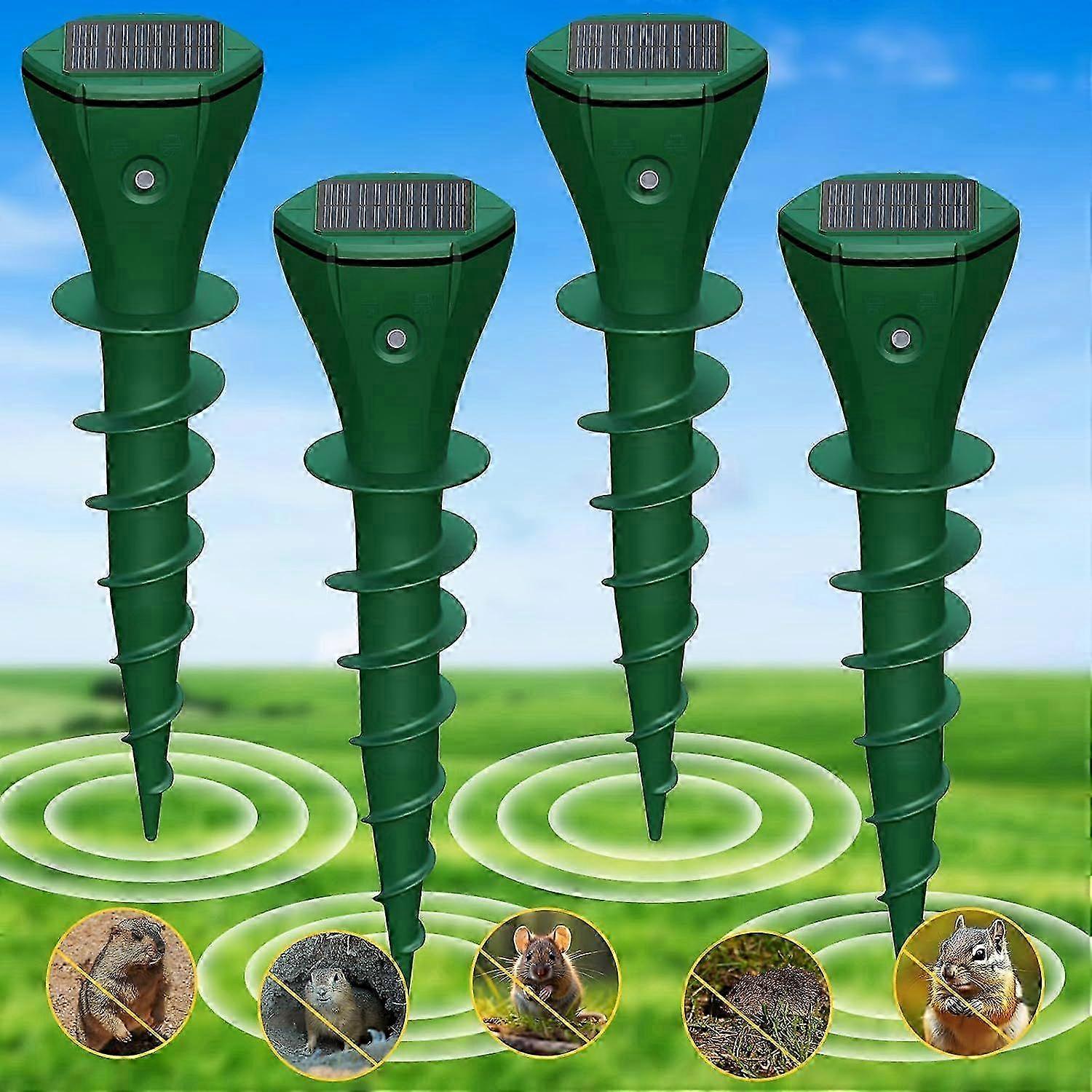 2024 Upgraded Mole and Gopher Repellent for Lawns, 4 Pack Ultrasonic Solar-Powered Outdoor Devices with Screw-Shaped Snake Repellent Technology