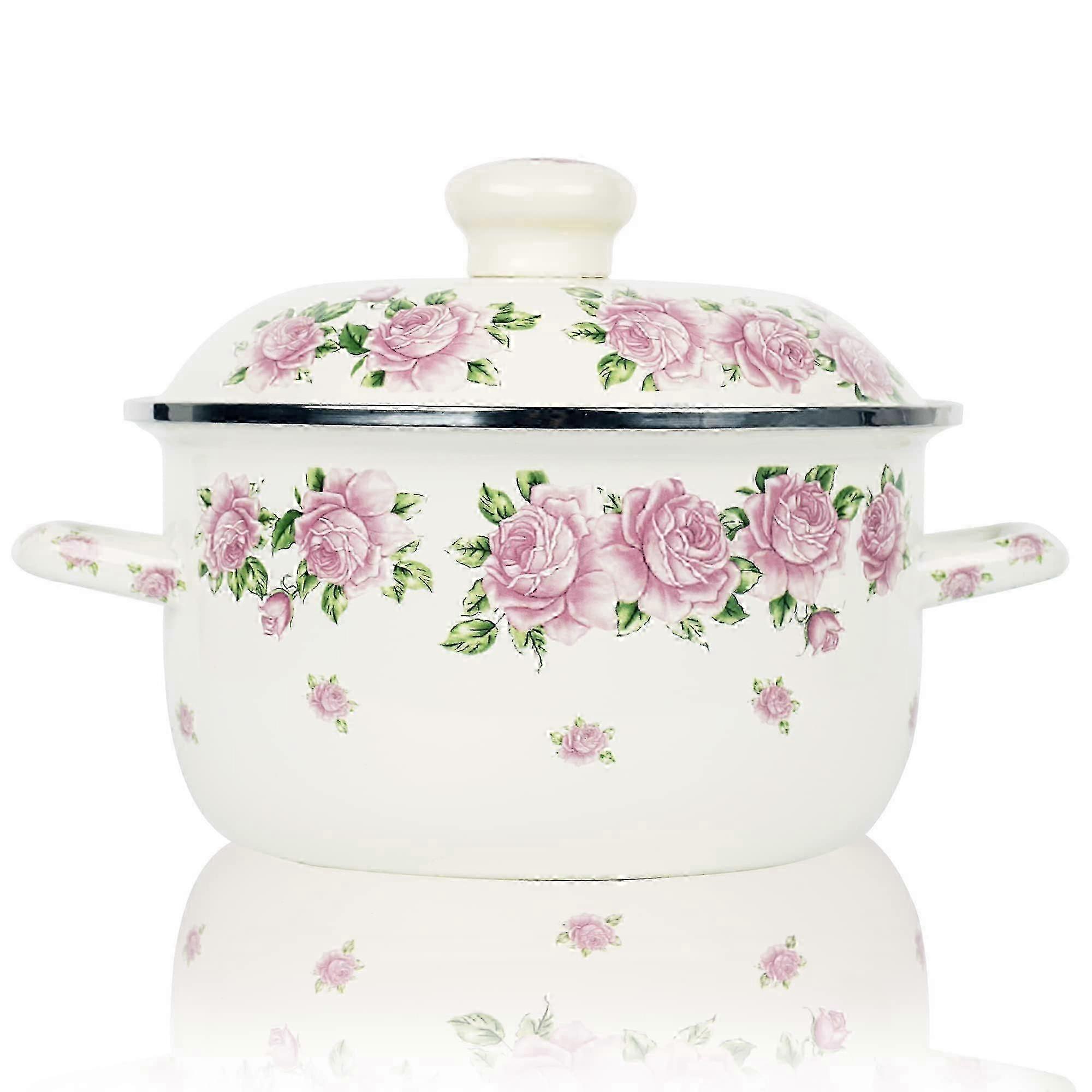 3QT レトロ フラワー エナメル ストックポット - インダクション対応、食器洗い機対応、スープ、シチュー、ギフトに最適