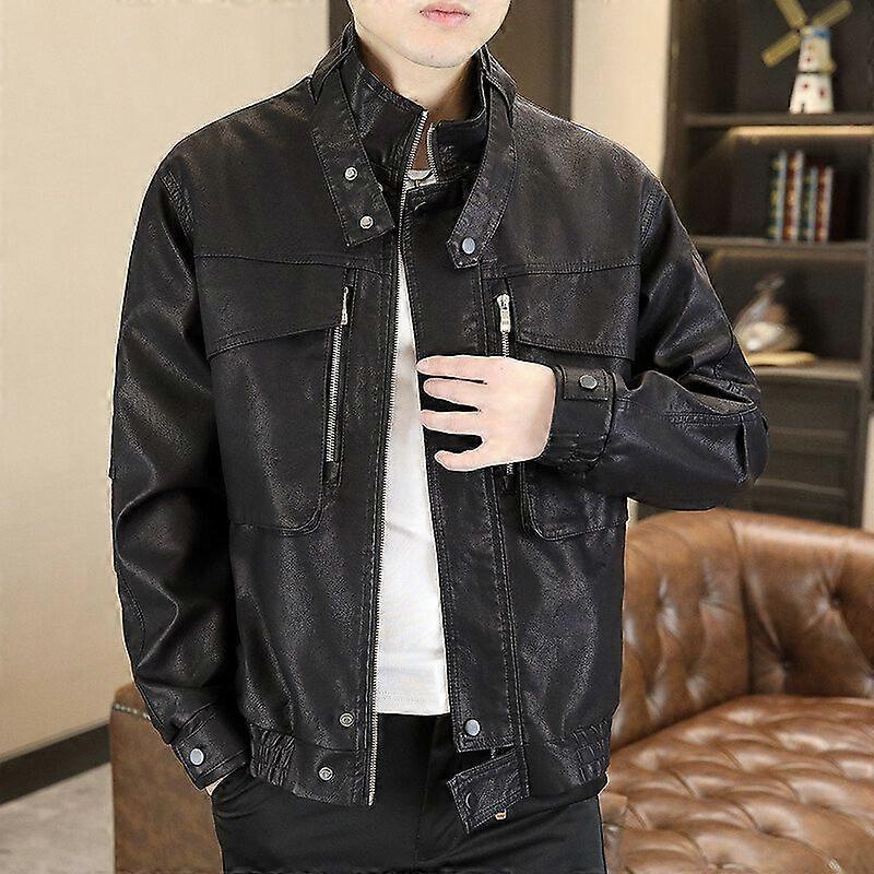 Spring Solid Color Stand-Up Collar Leather Jacket, Green Men's Trendy Brand Casual And Versatile Workwear Pu Leather Jacket