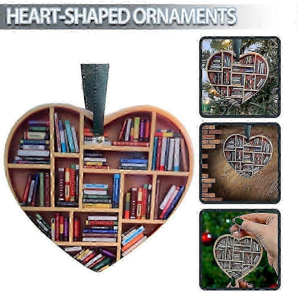 Christmas Heart Shaped Bookshelf Pendant Decoration Xmas Tree Car Hanging Ornament Gift For Book Lovers Librarian