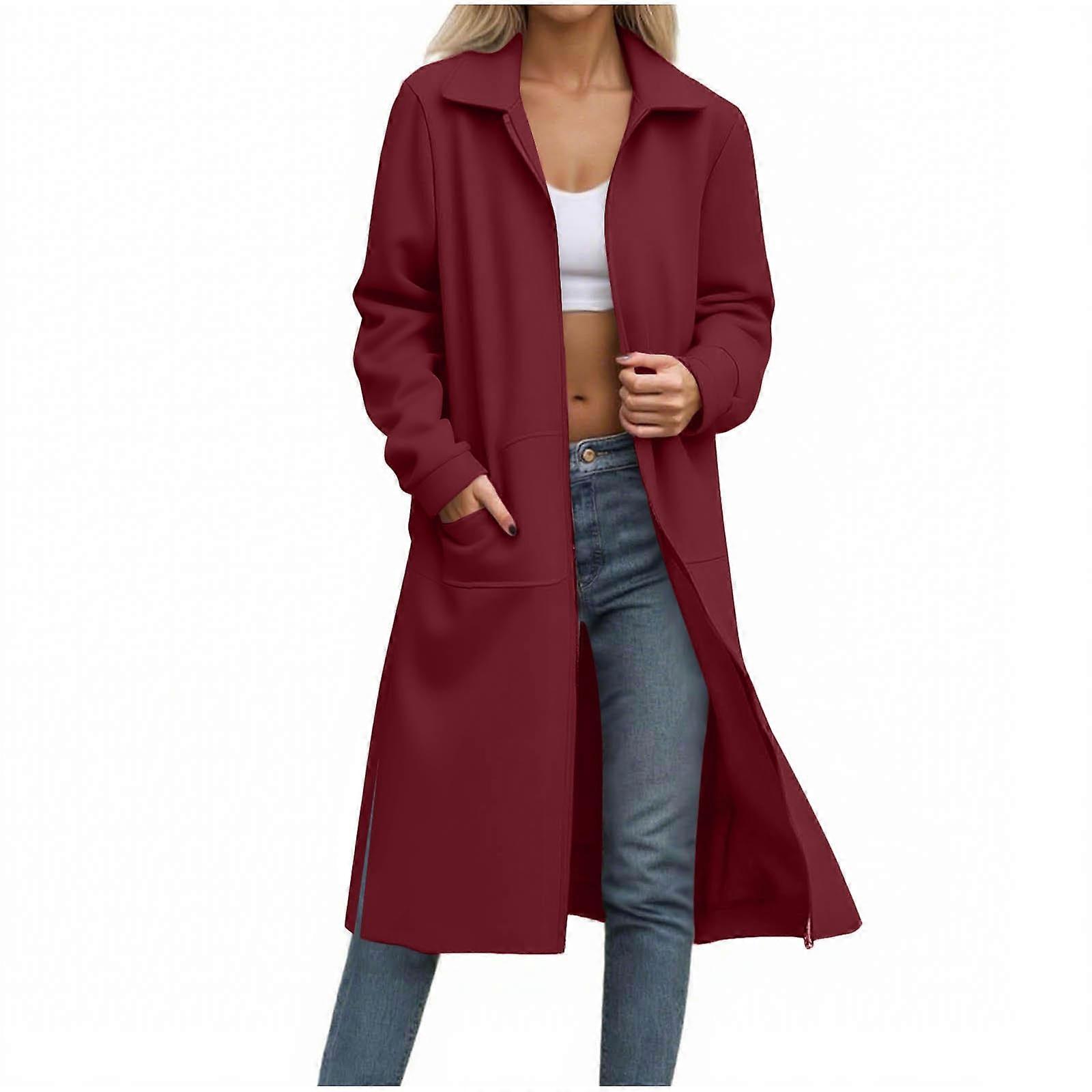 Women's Coats Fashion Classic Solid Color Long Sleeve Lapel Zipper Long Side Slit Pocket Winter Clothing Sweatshirts  Burgundy XL