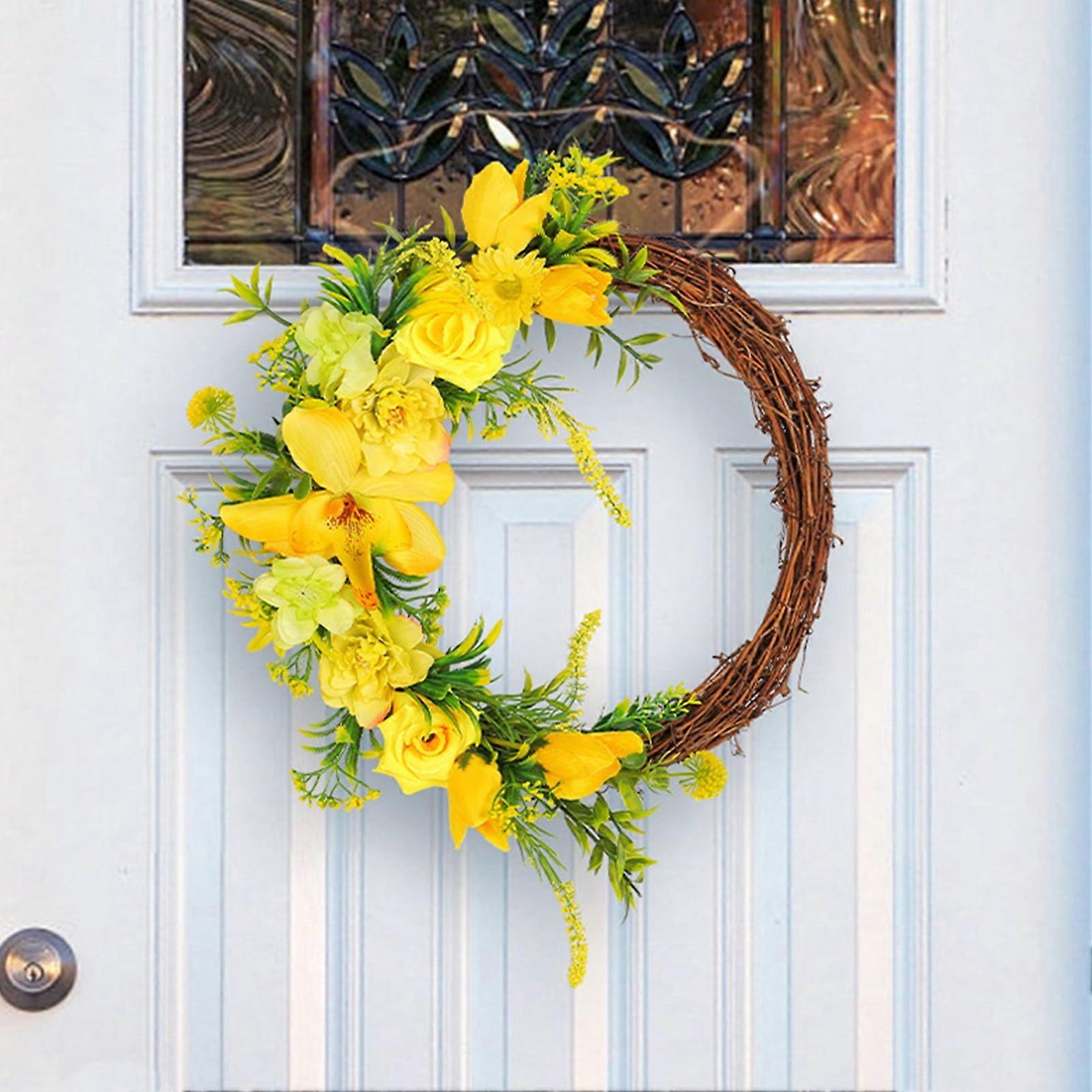 SUSUchens Spring Artificial Flower Wreath, Natural Rattan Design, Realistic Yellow Garland for Wall & Window Decor