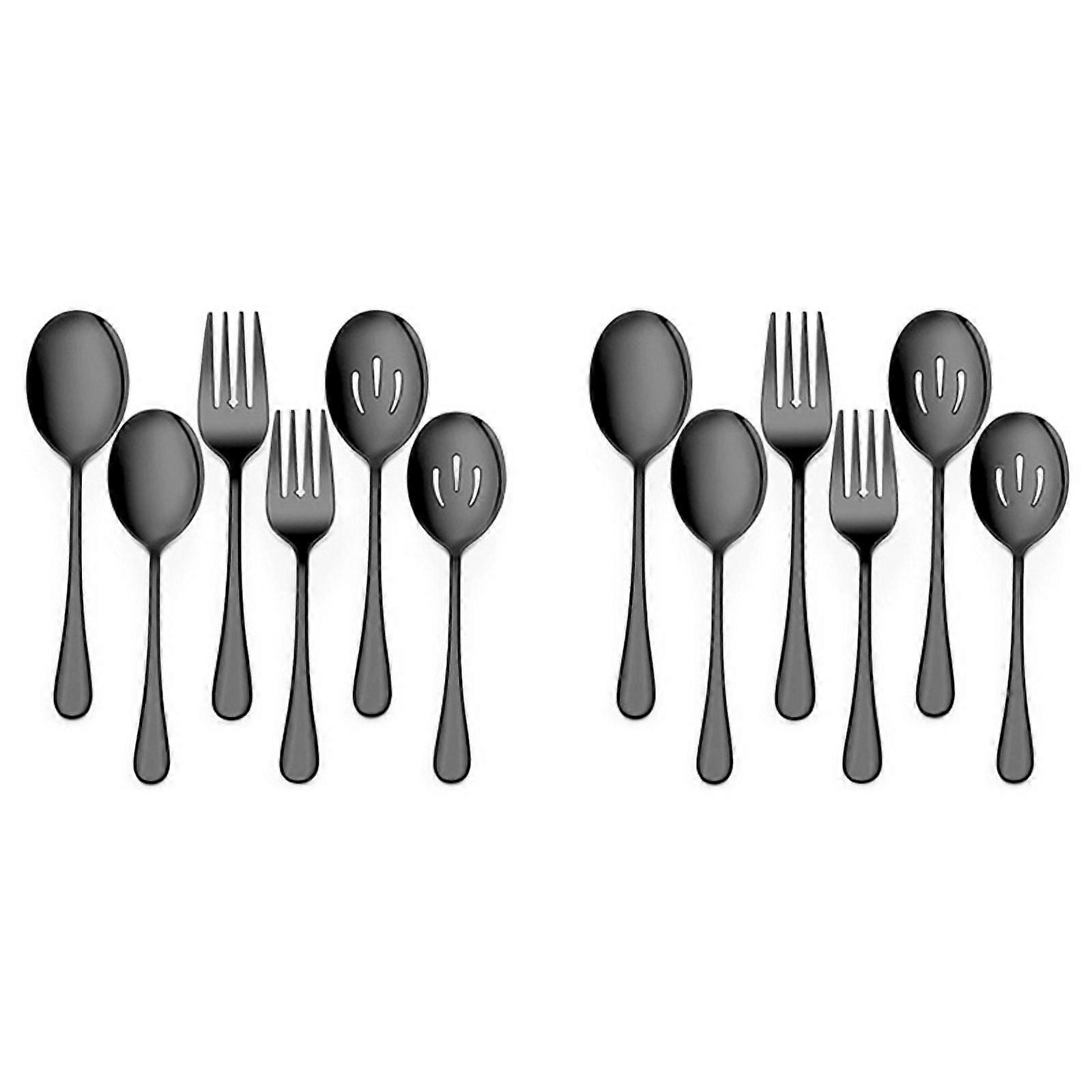 2X Serving Stainless Steel Buffet Catering Party Banquet Serving Spoons Forks Set Serving Spoons and Forks Set Black