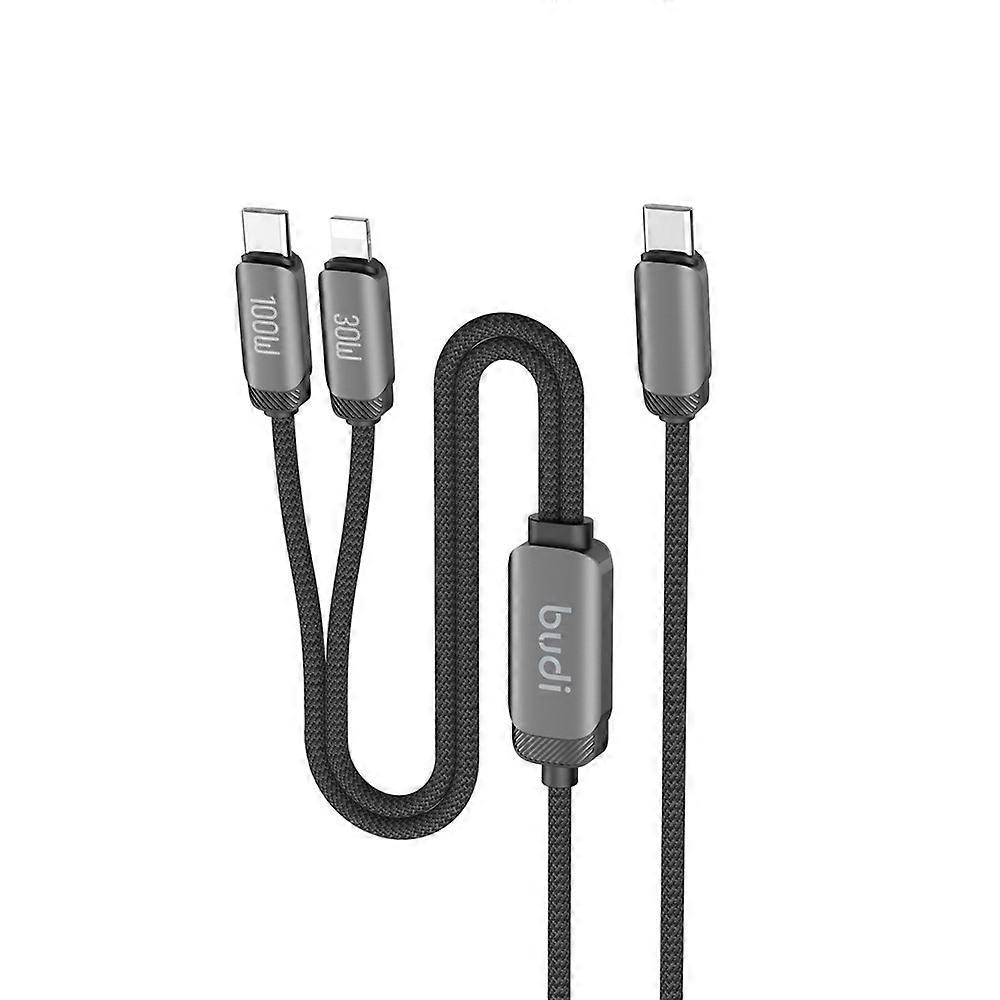 BUDI DC266TTL12B 1.2m 2 in 1 USB C to USB C / iP Cable 100W Fast Charging Data Sync Braided Cord