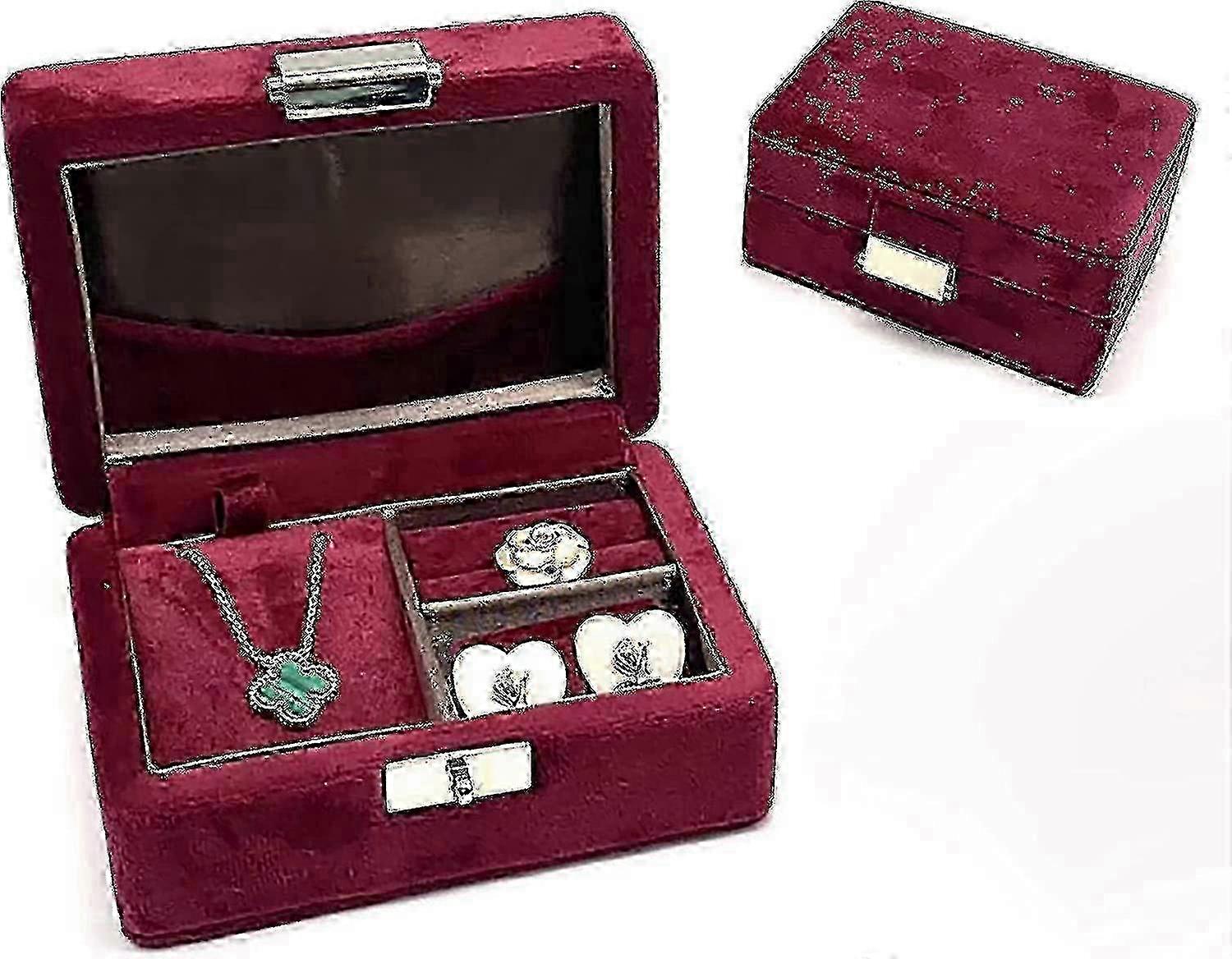 ベルベット小さな旅行ジュエリーボックスオーガナイザーリングリングイヤリングネックレス(クラレット)