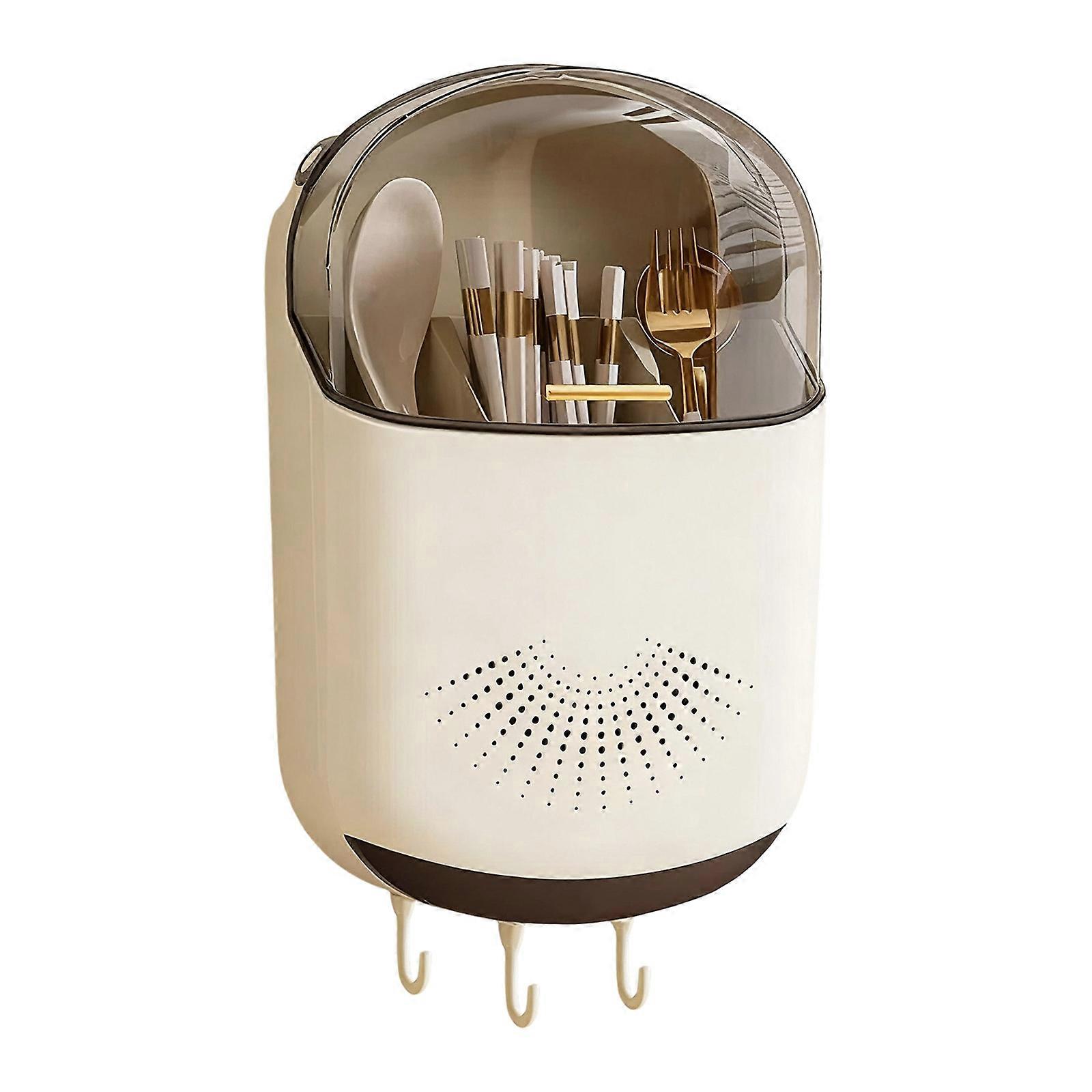 Wall Mounted Utensil Holder With with Hanging Hooks and Multi Compartments Space Saving Kitchen Cutlery Organiser  White