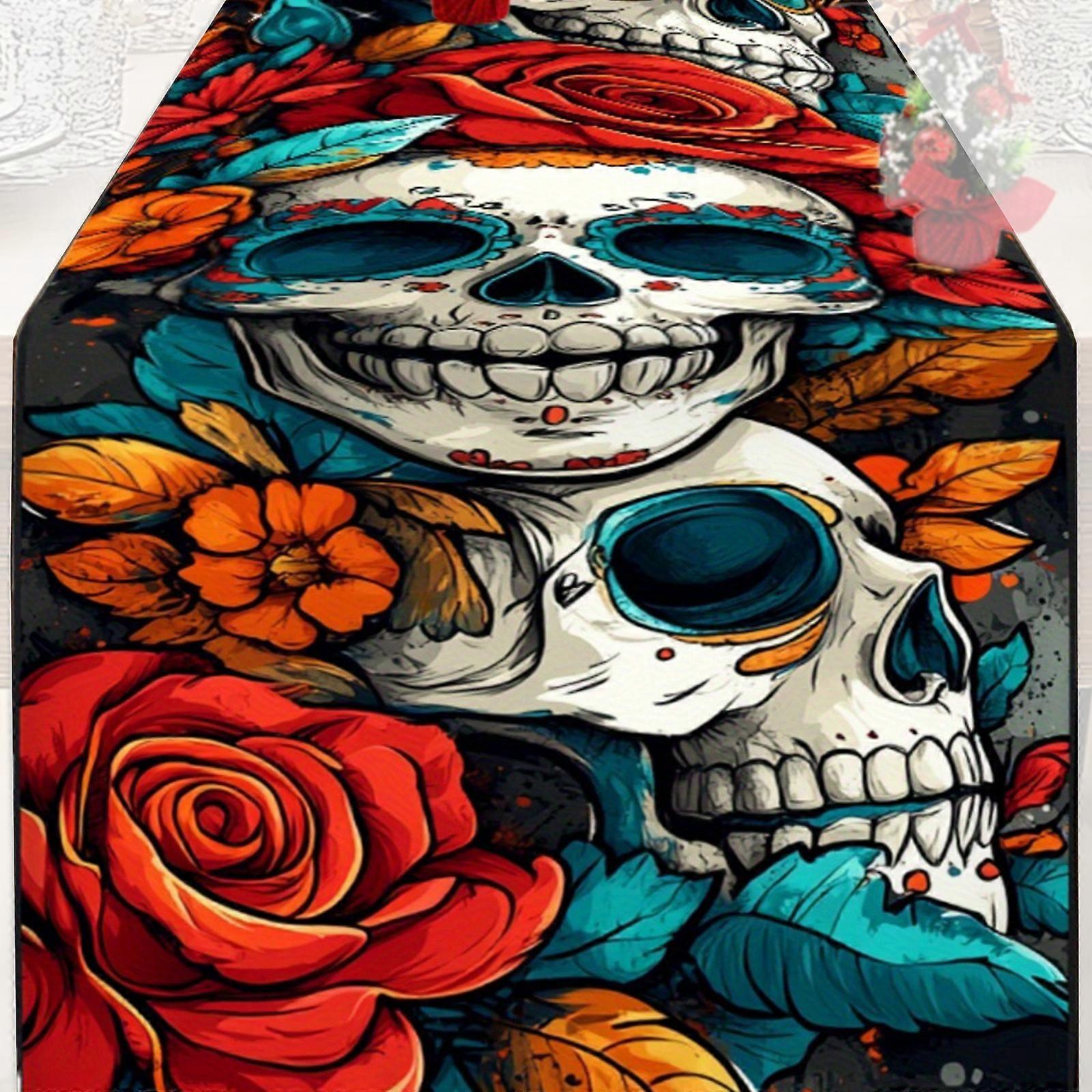Skull Pattern Table Runner Halloweens Party Deck Permanent Polyester Fabric Casual Dining Table Highlight Multicolor
