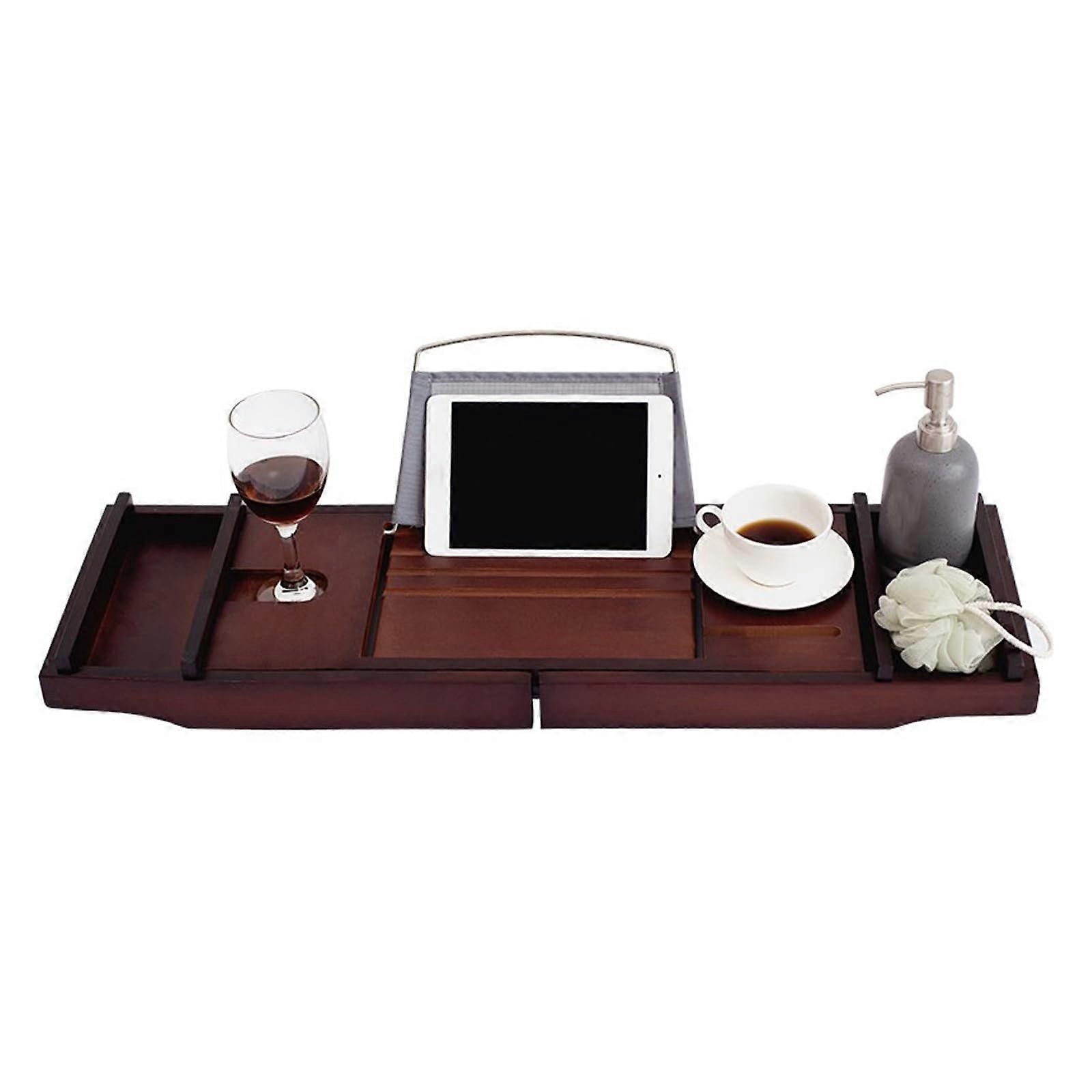 Adjustable Bamboo Bathtub Caddy Tray with Extendable Shelf for Wine Glass, Book, Tablet and Phone