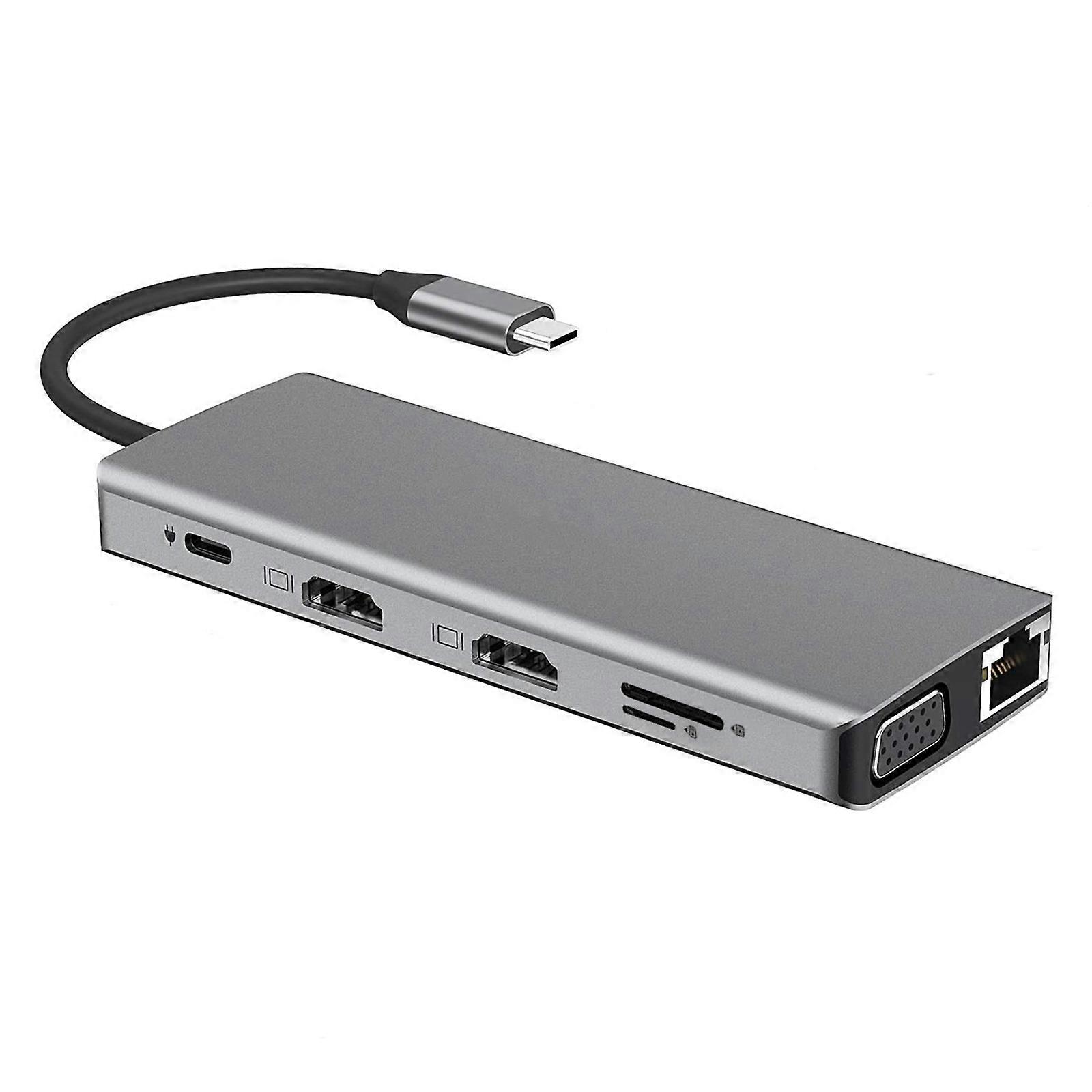 Metal 12 In 1 USB C Docking Station with Ethernet Two Full Resolution Video Output HDTV Display USB Slots For Computer Multicolor