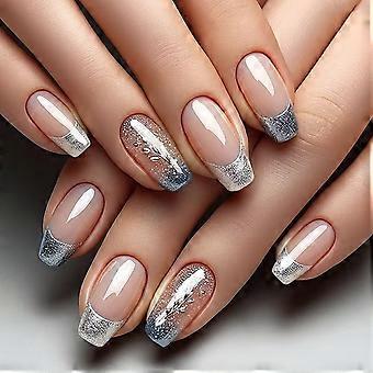 24 Pcs Blue French Tip Press on Nails with Silver Leaves Glitter Designs Medium Square Shaped Fake Nails Sparkly False Nails Nude Glossy Acrylic Nail